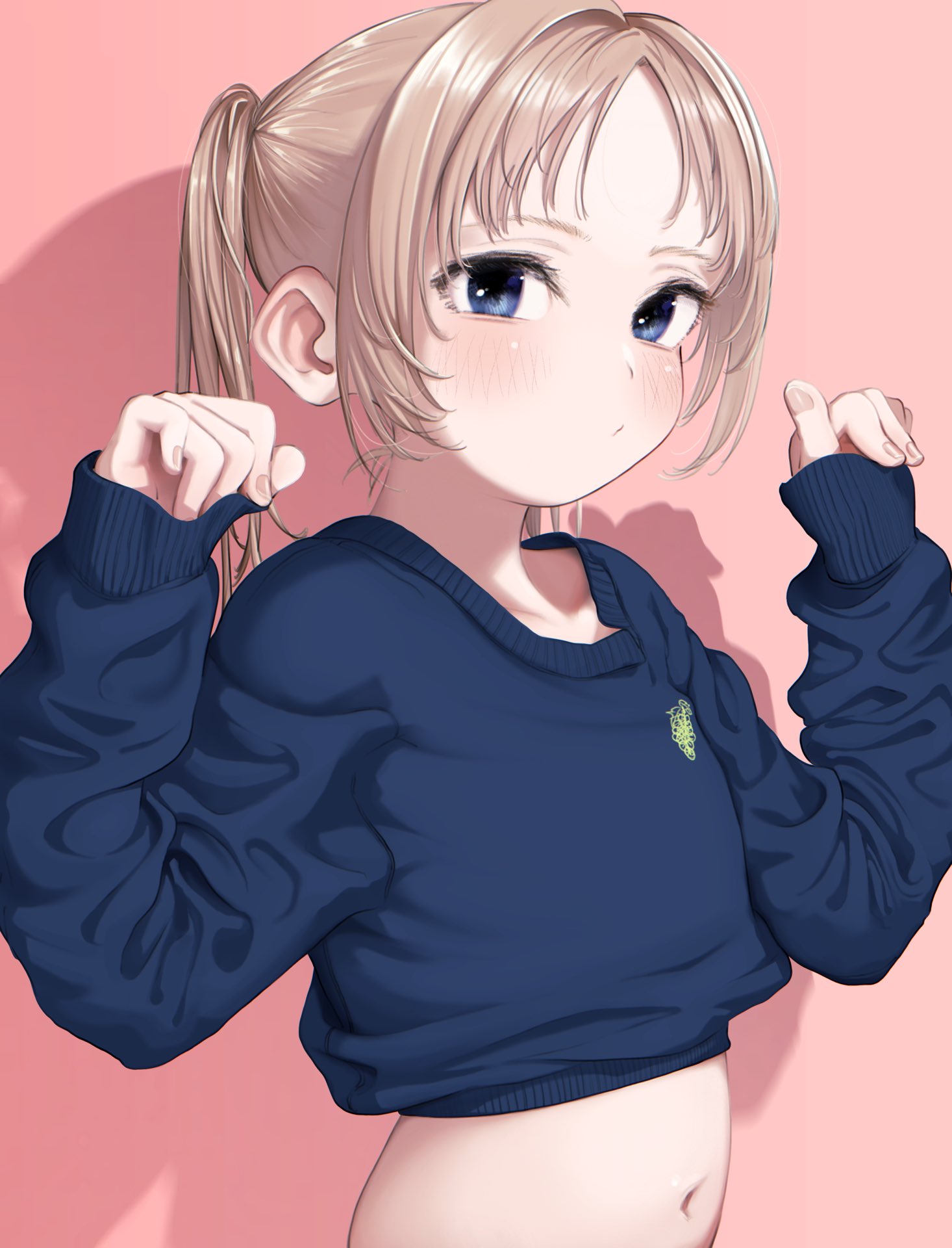 1girl arms_up bangs blue_eyes blue_sweater blush bouen commentary_request highres light_brown_hair looking_at_viewer medium_hair navel original parted_bangs pink_background shadow simple_background sleeves_past_wrists solo sweater twintails upper_body