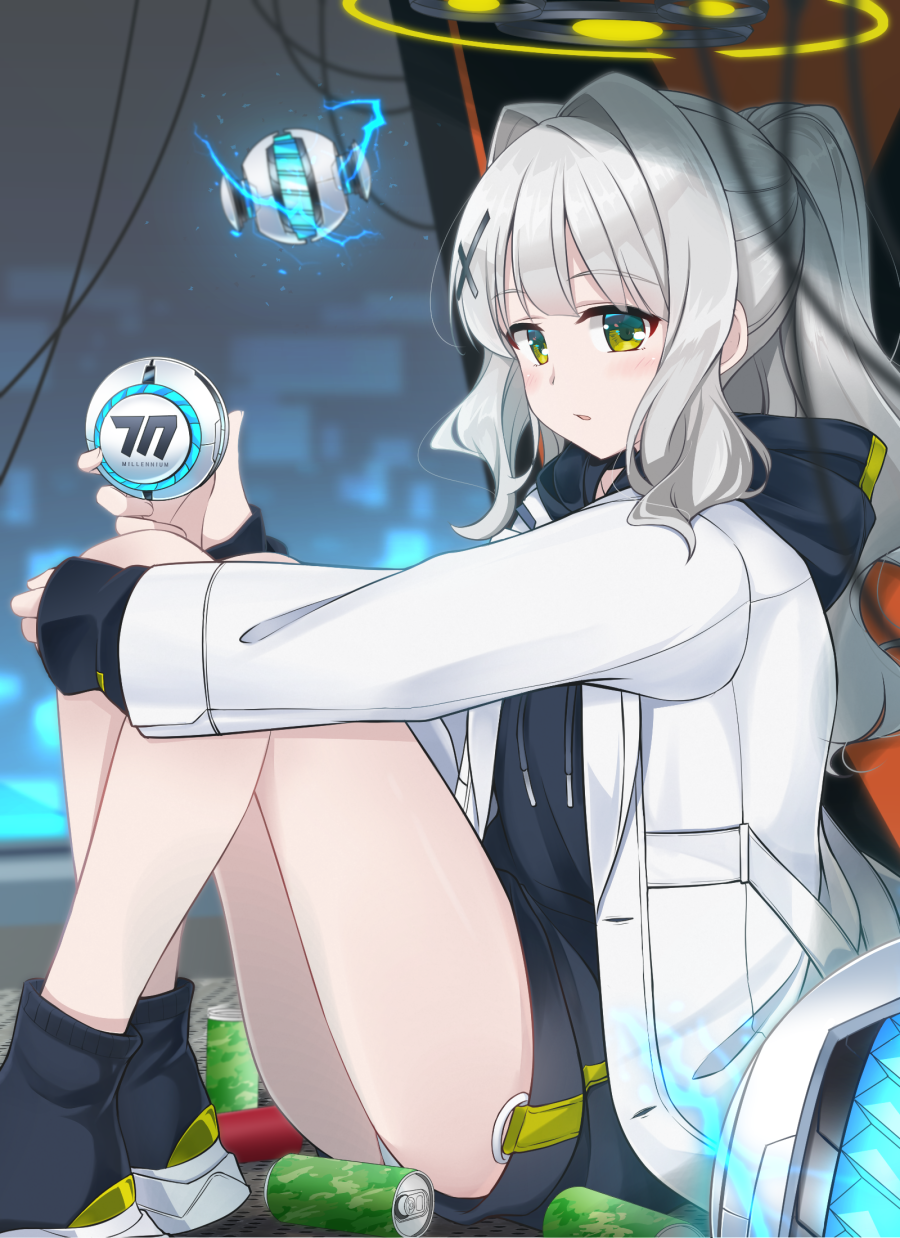 1girl blue_archive blurry blurry_background boots can drone electricity green_eyes grey_hair halo hare_(blue_archive) highres hoshino_ouka jacket looking_at_viewer medium_hair night school_uniform sitting solo wire