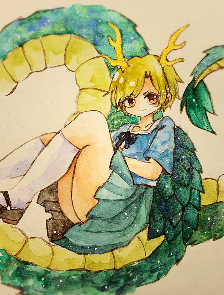 1girl blonde_hair blue_shirt closed_mouth curled_tail dragon_girl dragon_horns dragon_tail green_skirt horns key747h kicchou_yachie kneehighs knees_up light_smile looking_at_viewer photo_(medium) red_eyes shirt short_hair short_sleeves skirt solo square_neckline tail touhou traditional_media turtle_shell watercolor_(medium) white_legwear