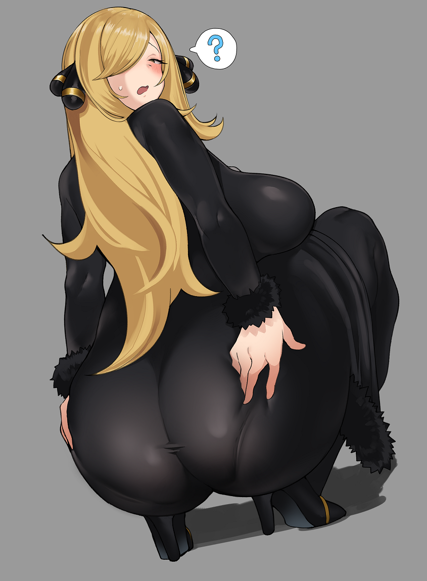 1girl ? ass back black_eyes black_footwear blush breasts chamchami cynthia_(pokemon) fur_trim hair_ornament hair_over_one_eye high_heels large_breasts long_hair open_mouth pantylines pokemon pokemon_(game) pokemon_bw solo spoken_question_mark squatting tongue tongue_out