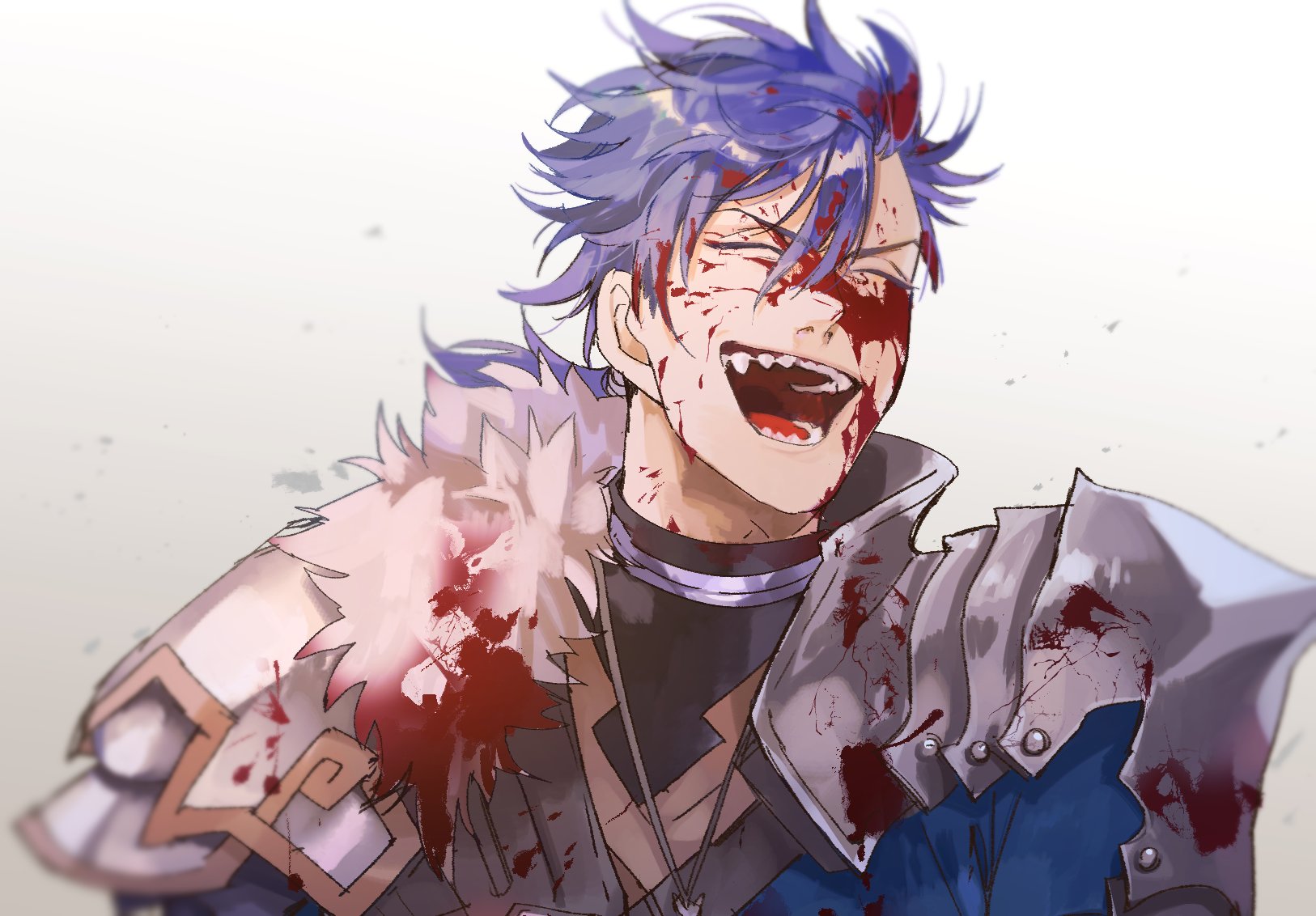 1boy armor blood blood on face bloody clothes blue hair choker closed eyes  cu chulainn (fate) (all) cu chulainn (fate/prototype) fangs fate/prototype  fate (series) fur grin highres jewelry laughing long hair male focus  necklace open mouth  - Safebooru