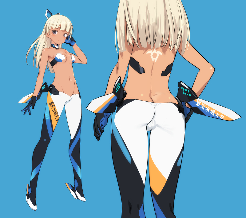 1girl alice_gear_aegis araime_yasuri ass back_tattoo bangs blue_background blunt_bangs breasts butt_crack closed_mouth dark_skin dark-skinned_female gloves grey_eyes hand_on_hip high_heels long_hair mecha_musume multiple_views pants shimada_fumikane simple_background small_breasts tattoo