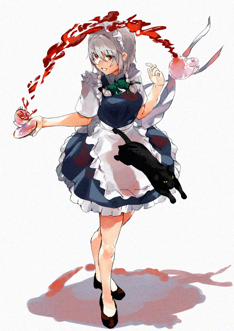 1girl apron asuzemu bangs black_cat black_footwear blood blue_dress braid cat cup decantering dress eyebrows_visible_through_hair floating frilled_apron frilled_dress frills grin hair_between_eyes hands_up holding holding_saucer izayoi_sakuya legs levitation maid maid_apron maid_headdress red_eyes saucer short_dress short_hair sideways_glance silver_hair simple_background smile solo tea teacup teapot thighs touhou twin_braids waist_apron white_background