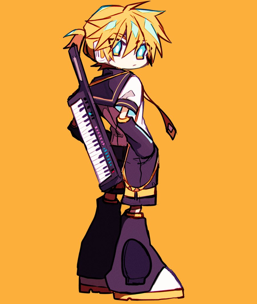 1boy arm_warmers blonde_hair blue_eyes bright_pupils hands_in_pockets headphones hikusa instrument kagamine_len keytar leg_warmers looking_back male_focus necktie ponytail sailor_collar short_ponytail solo vocaloid white_pupils yellow_theme