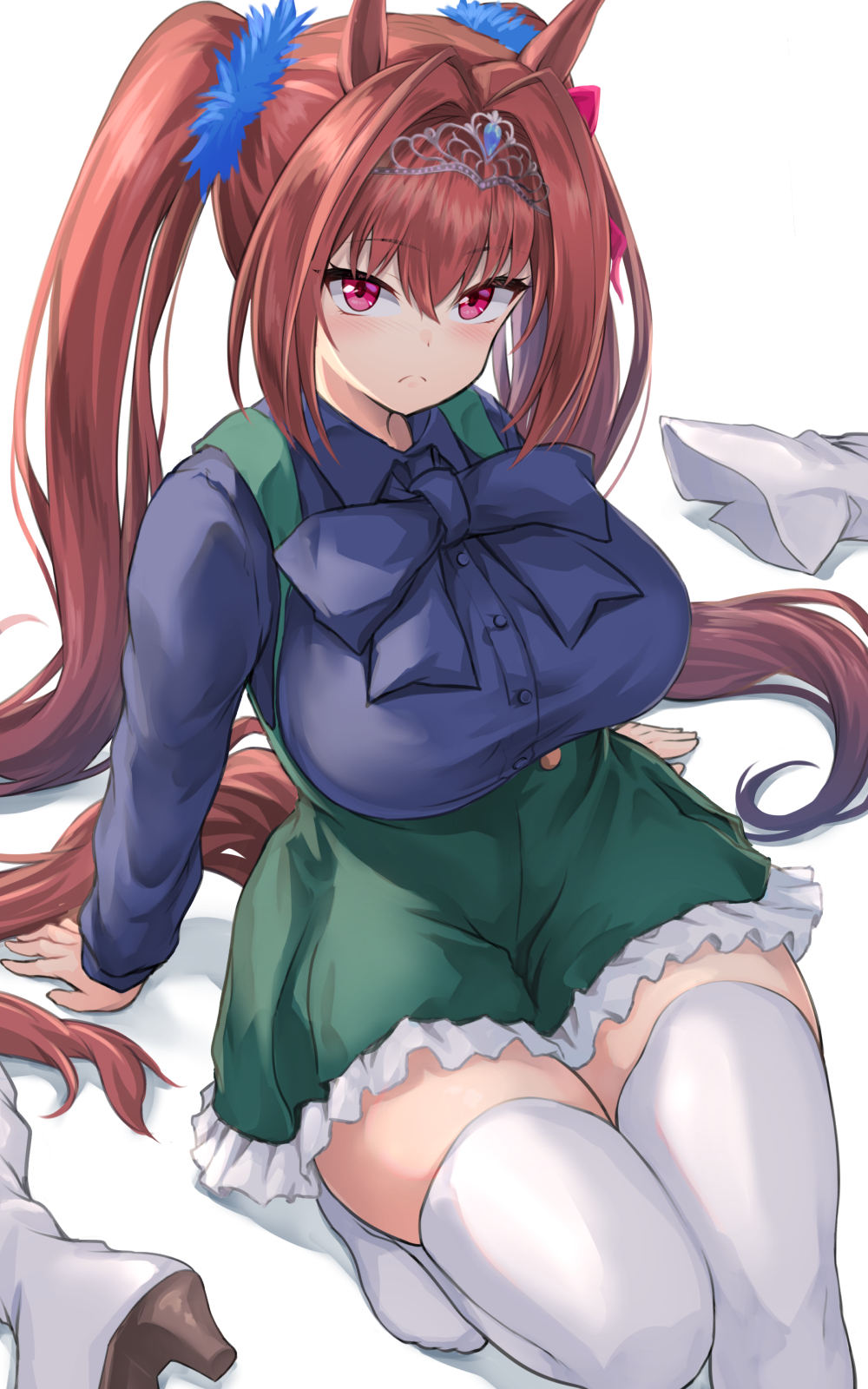 1girl animal_ears blue_shirt blush boots breasts brown_hair buttons closed_mouth collared_shirt daiwa_scarlet_(umamusume) eyebrows_visible_through_hair footwear_removed green_skirt hair_between_eyes high_heel_boots high_heels highres horse_ears horse_girl horse_tail large_breasts long_hair long_sleeves oonaka_ito red_eyes shirt simple_background skirt solo tail thigh-highs tiara twintails umamusume white_background white_legwear