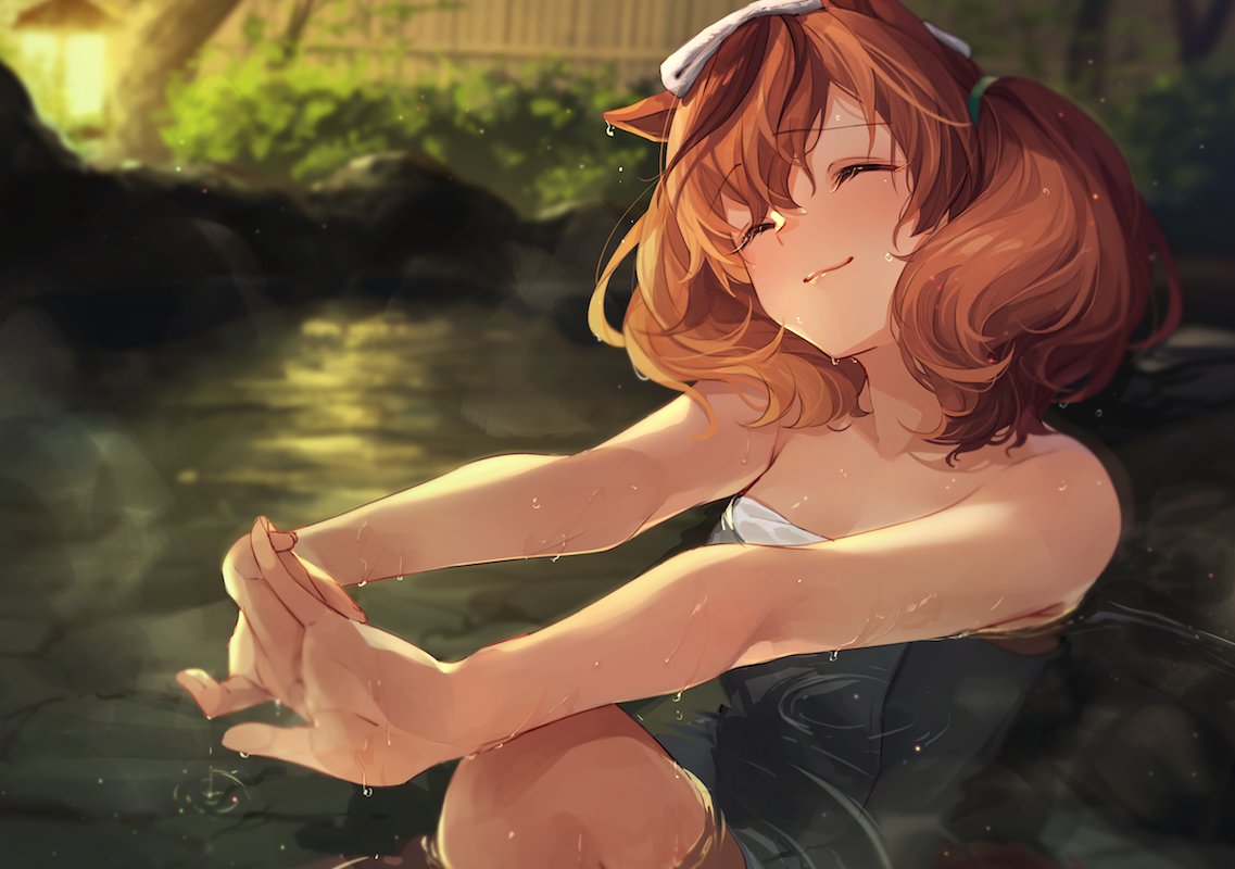 1girl ^_^ animal_ears backlighting bare_arms bare_shoulders bathing blurry blurry_background blush brown_hair closed_eyes closed_mouth collarbone commentary_request depth_of_field head_tilt horse_ears knee_up lantern long_hair naked_towel nice_nature_(umamusume) onsen ouri_(aya_pine) partially_submerged sitting smile solo stretch towel towel_on_head twintails umamusume water