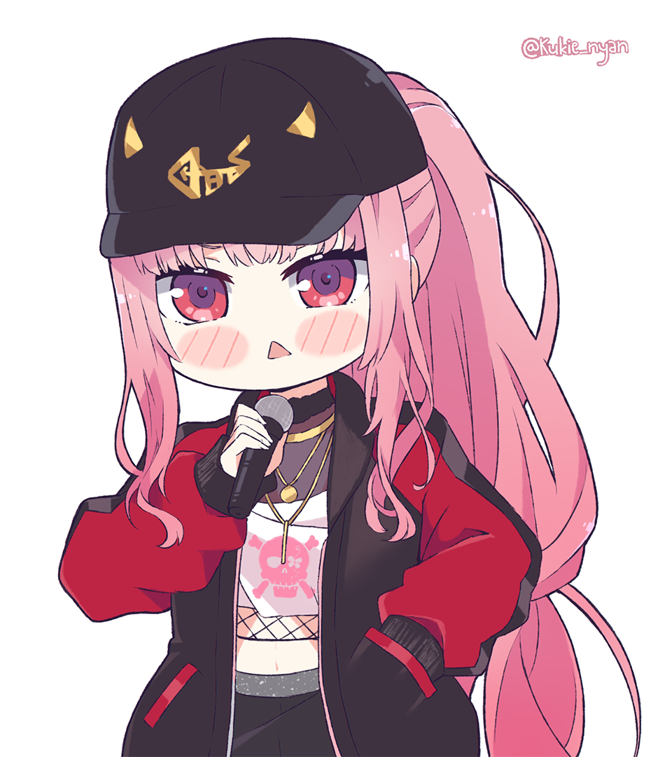 1girl baseball_cap blush_stickers closed_mouth hand_in_pocket hat holding holding_microphone hololive hololive_english jacket jewelry jewelry_removed kukie-nyan leather leather_jacket looking_at_viewer microphone mori_calliope necklace necklace_removed simple_background smile solo triangle_mouth twitter_username virtual_youtuber white_background