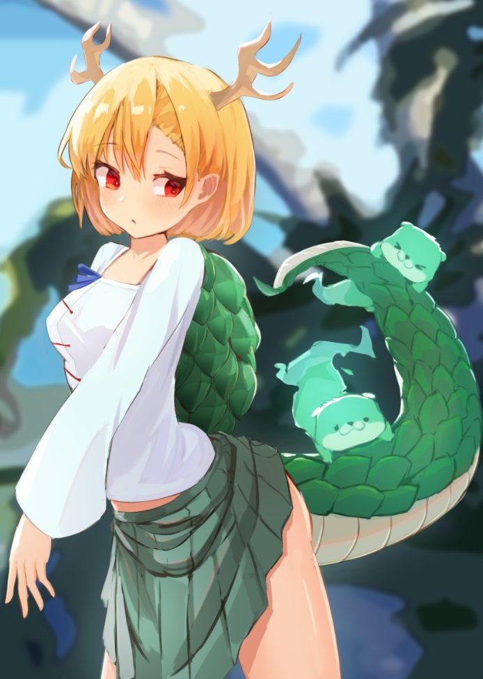 &gt;_&lt; 1girl :3 ass blush breasts dragon_horns dragon_tail green_skirt hair_betb happy horns kicchou_yachie looking_back medium_breasts otter_spirit_(touhou) pleated_skirt red_eyes short_hair short_sleeves skirt skirt_lift solarisu solo standing tail thighs touhou turtle_shell