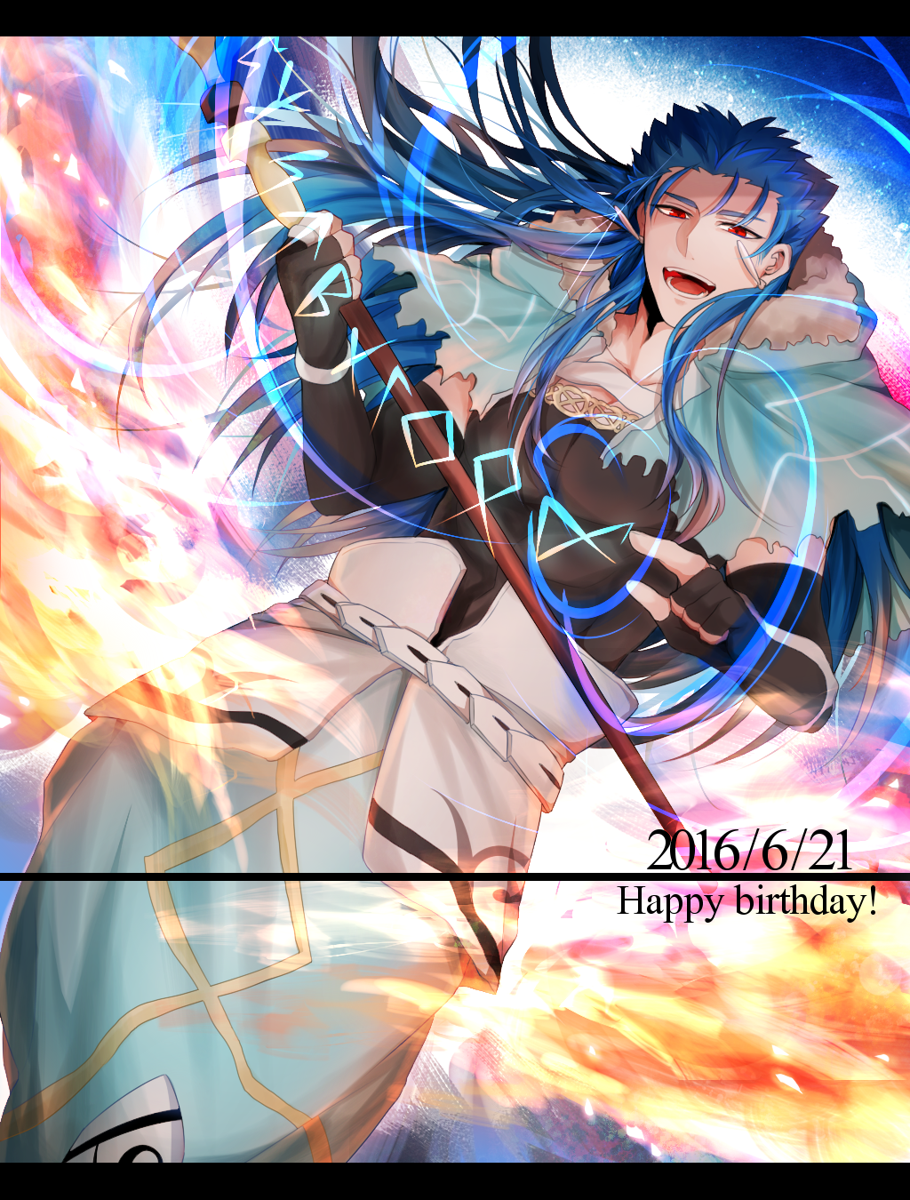 1boy blue_hair capelet cu_chulainn_(caster)_(fate) cu_chulainn_(fate)_(all) elbow_gloves fate/grand_order fate/stay_night fate_(series) fingerless_gloves fire fur_trim gloves hair_down highres long_hair male_focus namahamu_(hmhm_81) red_eyes runes solo staff