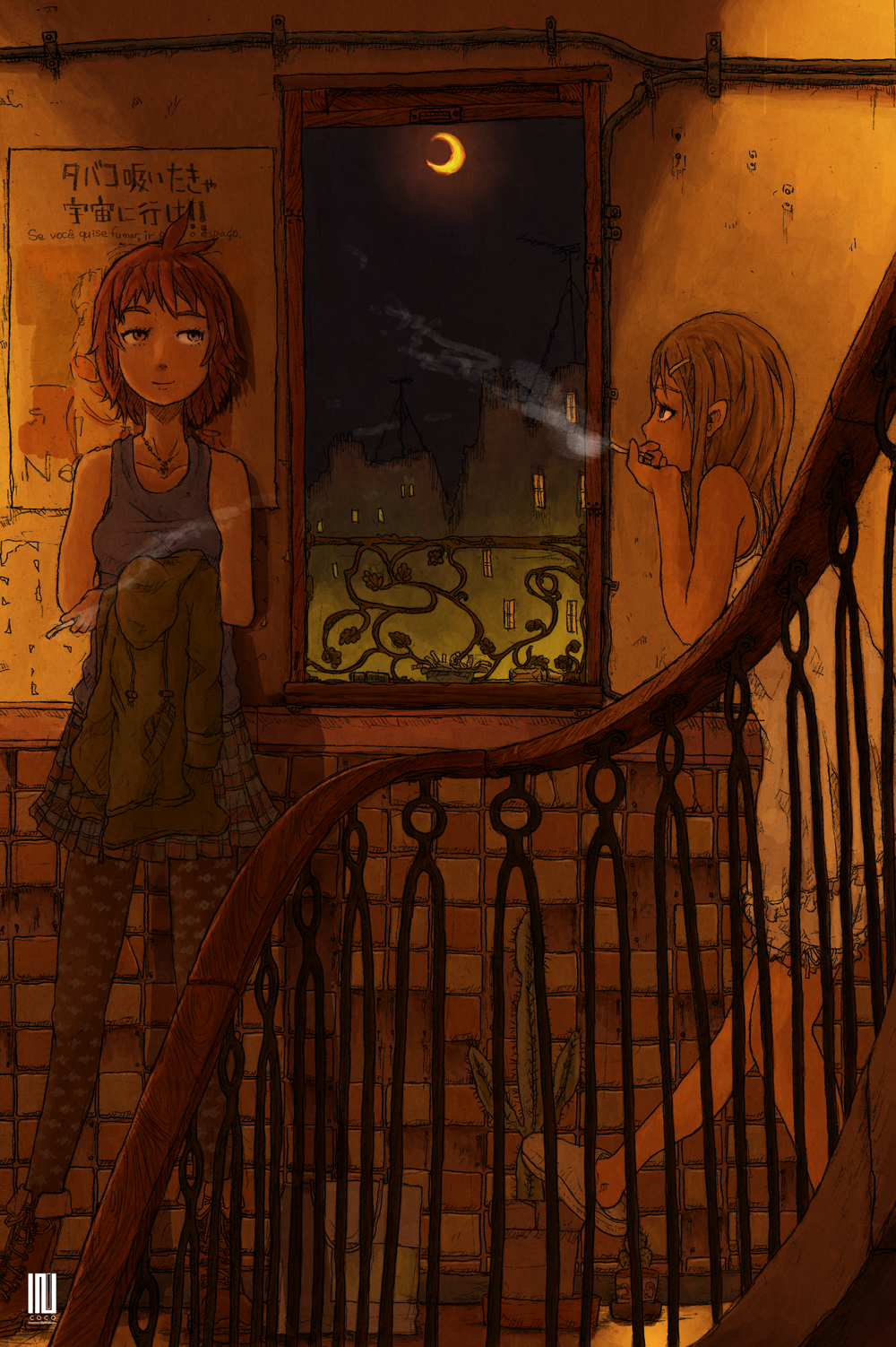 2girls black_legwear brick_wall brown_hair building cactus cigarette crescent_moon dress hair_ornament hairclip highres inukoko long_hair moon multiple_girls night original print_legwear profile short_hair slippers smoke window