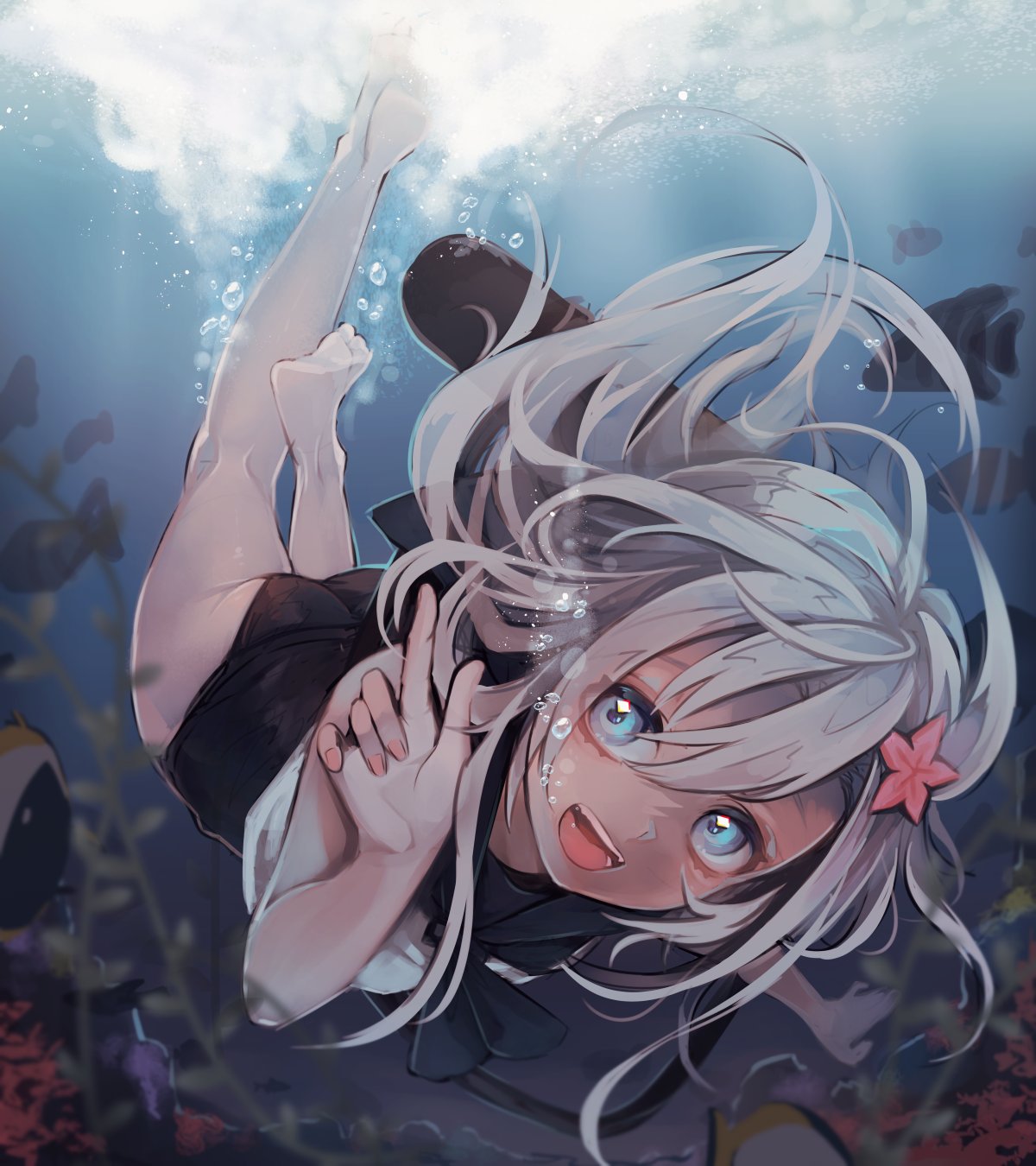 1girl air_bubble ass bare_arms bare_legs bare_shoulders barefoot blue_eyes bubble commentary_request crop_top fish flower freediving hair_between_eyes hair_flower hair_ornament highres kantai_collection long_hair looking_at_viewer ocean one-piece_swimsuit open_mouth ro-500_(kancolle) ruohire9 sailor_collar school_swimsuit school_uniform serafuku smile solo submerged swimming swimsuit swimsuit_under_clothes tan tanline underwater water white_hair