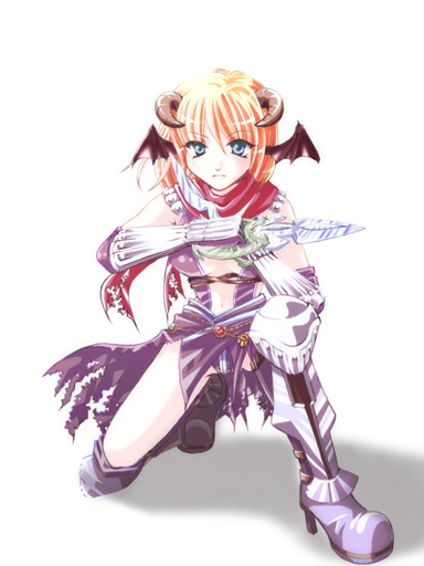 1girl armor armored_boots assassin_cross_(ragnarok_online) bangs black_cape black_gloves black_legwear black_leotard blonde_hair boots breasts cape closed_mouth commentary_request dagger demon_wings elbow_gloves eyebrows_visible_through_hair full_body gauntlets gloves green_eyes hachipocchi head_wings high_heel_boots high_heels holding holding_dagger holding_weapon horns kneehighs leotard looking_at_viewer navel one_knee pauldrons ragnarok_online red_scarf revealing_clothes scarf short_hair shoulder_armor simple_background small_breasts solo torn_cape torn_clothes waist_cape weapon white_background wings