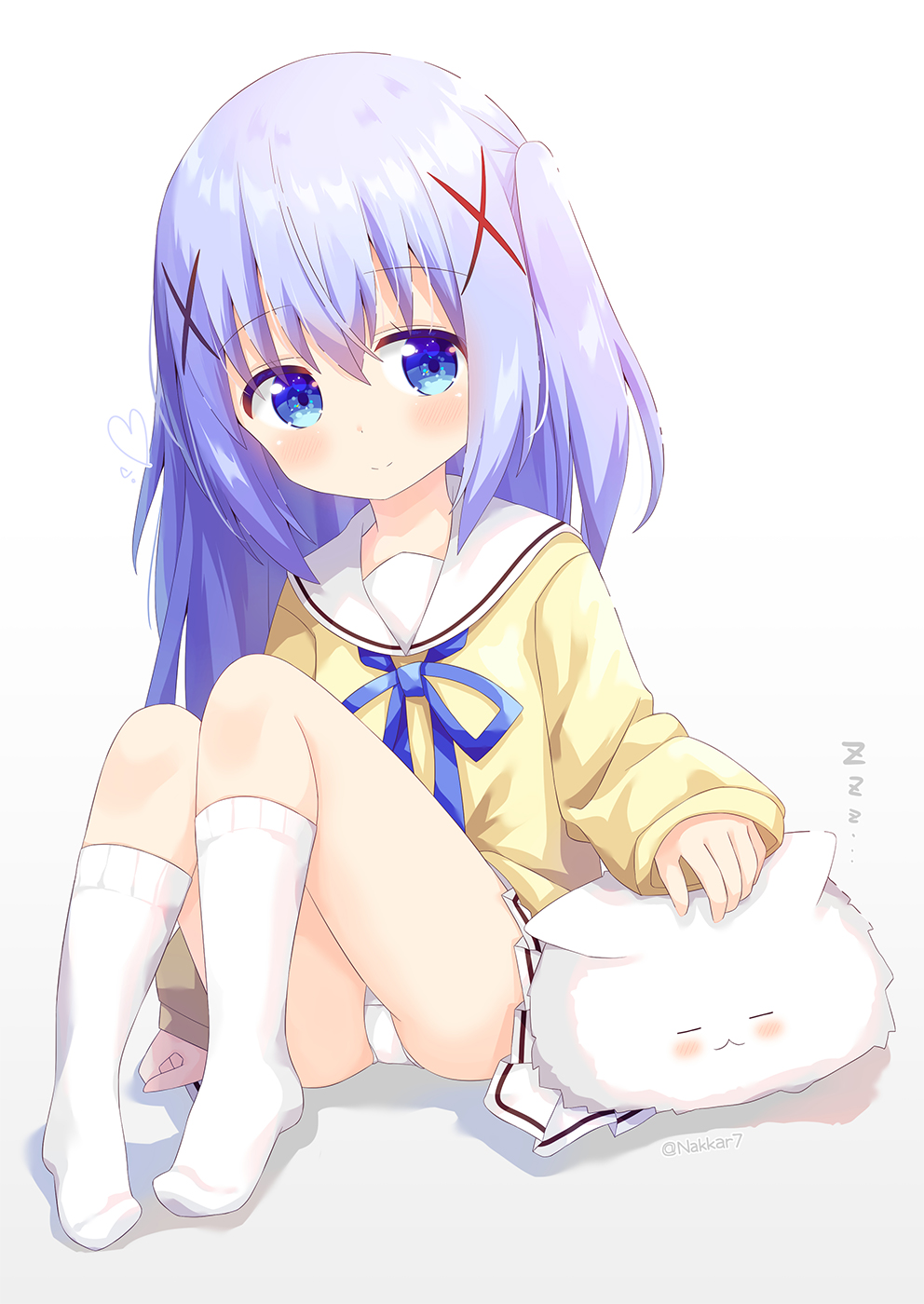 1girl angora_rabbit animal bangs blue_eyes blue_hair blue_ribbon blush closed_mouth commentary_request eyebrows_visible_through_hair gochuumon_wa_usagi_desu_ka? hair_between_eyes headpat highres kafuu_chino knees_up long_hair long_sleeves nakkar neck_ribbon no_shoes pleated_skirt rabbit ribbon sailor_collar shirt sitting skirt sleeves_past_wrists smile socks tippy_(gochiusa) two_side_up white_background white_legwear white_sailor_collar white_skirt yellow_shirt zzz