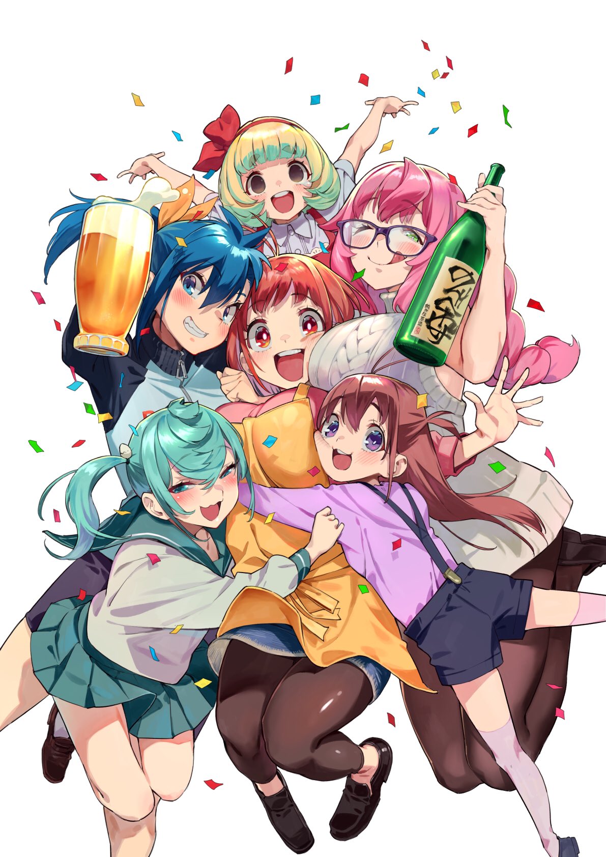 6+girls :3 :d :q alcohol apron aran_sweater beer_mug black_footwear black_shorts blonde_hair blue_eyes blue_hair blush bottle bow braid breasts brown_footwear brown_hair character_request child confetti cup dress drunk empty_eyes green_eyes green_hair green_sailor_collar green_skirt grey_eyes grey_shirt grey_sweater grin hair_bow hairband half-closed_eyes hands_up highres holding holding_bottle jumping komai_hime large_breasts leggings long_hair looking_at_viewer medium_hair miniskirt motogane_hina mug multicolored_hair multiple_girls nonco one_eye_closed open_mouth pinafore_dress pink_hair pink_legwear pleated_skirt raglan_sleeves red_bow red_dress red_hairband sailor_collar school_uniform serafuku shirt shoes shorts simple_background skirt smile suspender_shorts suspenders sweater thigh-highs tongue tongue_out two-tone_hair violet_eyes white_background yellow_apron youkai_izakaya_nonbereke