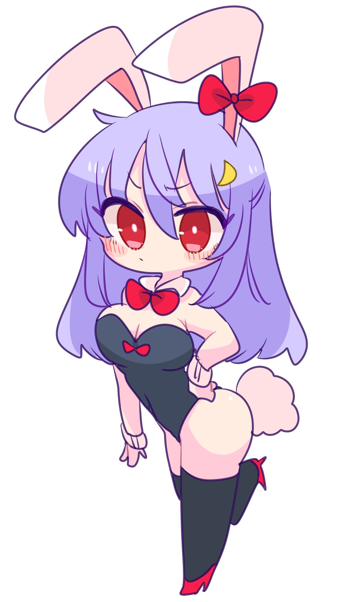 1girl animal_ears ass bangs black_legwear bow breasts bunny_tail chibi high_heels highres light_purple_hair long_hair medium_breasts moon_rabbit op_na_yarou playboy_bunny purple_hair rabbit_ears red_bow red_eyes red_footwear red_neckwear reisen_udongein_inaba tail thigh-highs touhou