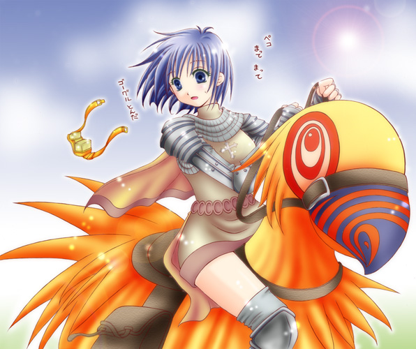 1girl animal armor armored_boots bangs blue_eyes blue_hair boots brown_cape cape chainmail commentary_request cross feet_out_of_frame gauntlets goggles grey_legwear hachipocchi kneehighs knight_(ragnarok_online) lens_flare looking_to_the_side open_mouth oversized_animal pauldrons peco_peco ragnarok_online reins riding_bird saddle short_hair shoulder_armor translation_request