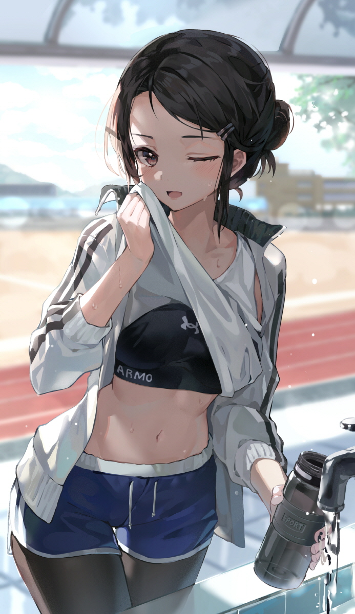 1girl ;d black_hair black_legwear blue_shorts blurry breasts brown_eyes cowboy_shot crop_top day depth_of_field dolphin_shorts hair_ornament hairclip highres huwari_(dnwls3010) jacket lifted_by_self long_sleeves looking_at_viewer medium_breasts midriff navel one_eye_closed open_clothes open_jacket open_mouth original pantyhose shirt shirt_lift short_hair short_shorts shorts sleeveless sleeveless_shirt smile solo standing stomach sweat tank_top undershirt water white_jacket white_shirt