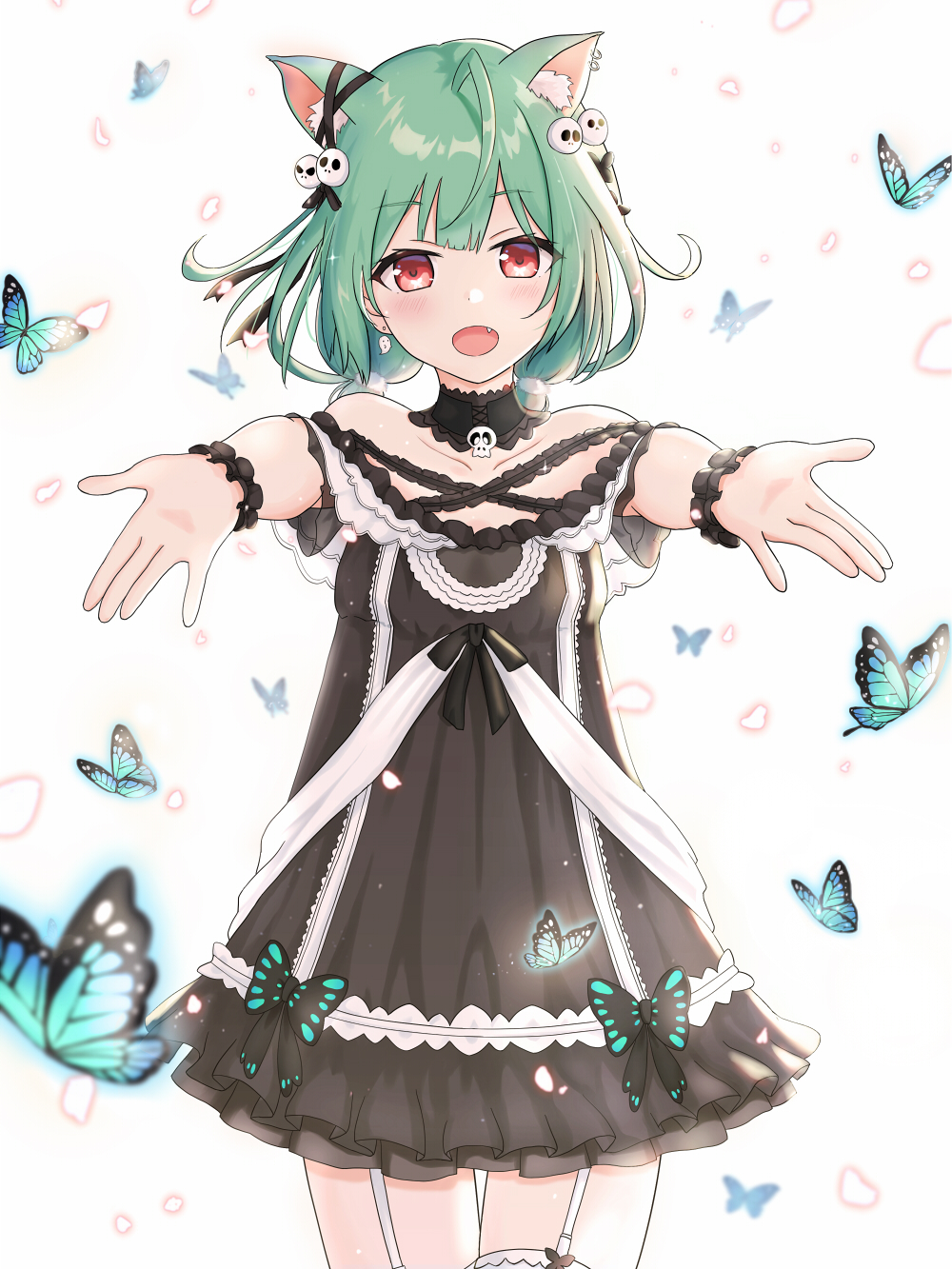 1girl ahoge bangs blush bug butterfly cowboy_shot dress earrings extra_ears fang frilled_dress frills garter_straps green_hair hair_ornament highres hololive insect jewelry open_mouth outstretched_arms red_eyes short_hair skull_collar skull_hair_ornament solo thigh-highs uruha_rushia virtual_youtuber white_garter_straps white_legwear wrist_cuffs xyomouse