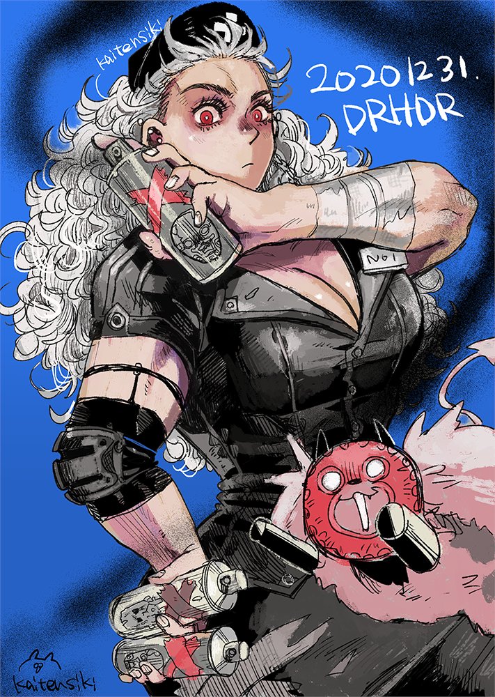 1girl breasts clipboard dorohedoro dress earrings hat jewelry kaitennsiki large_breasts long_hair looking_at_viewer muscular muscular_female noi_(dorohedoro) nurse nurse_cap red_eyes short_dress simple_background solo stethoscope syringe thigh-highs white_hair