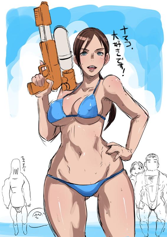 1girl 2boys breasts brown_hair butcha-u chris_redfield green_eyes hand_on_hip jill_valentine large_breasts long_hair looking_at_viewer multiple_boys navel open_mouth parker_luciani resident_evil resident_evil_revelations swimsuit water_gun zombie