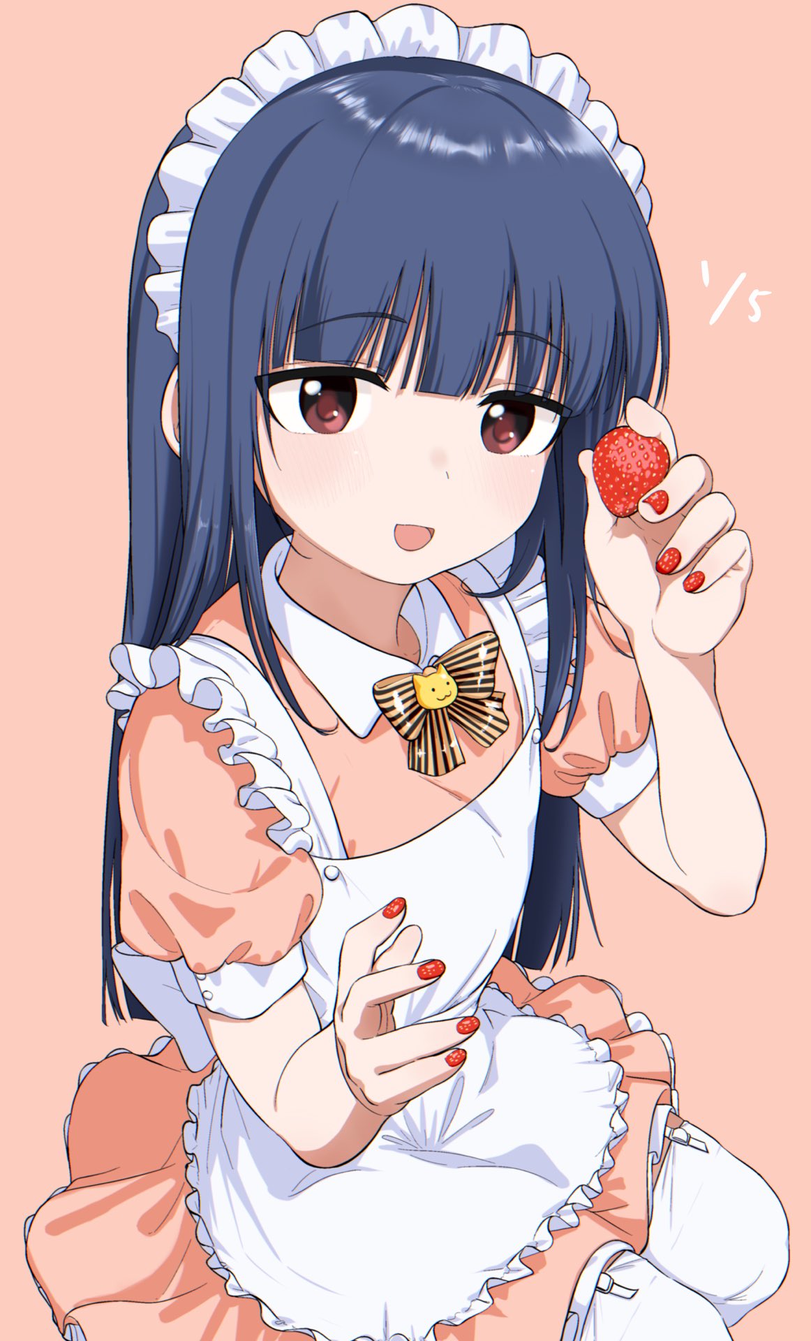 1girl apron bangs blue_hair blunt_bangs blush bouen bow bowtie commentary_request dated dress eyebrows_visible_through_hair food frilled_apron frilled_hairband frills fruit garter_straps hairband highres holding holding_food holding_fruit idolmaster idolmaster_cinderella_girls long_hair looking_at_viewer maid maid_headdress nail_polish open_mouth pink_background pink_dress puffy_short_sleeves puffy_sleeves red_eyes red_nails sajou_yukimi short_sleeves simple_background smile solo strawberry striped striped_neckwear thigh-highs white_apron white_legwear