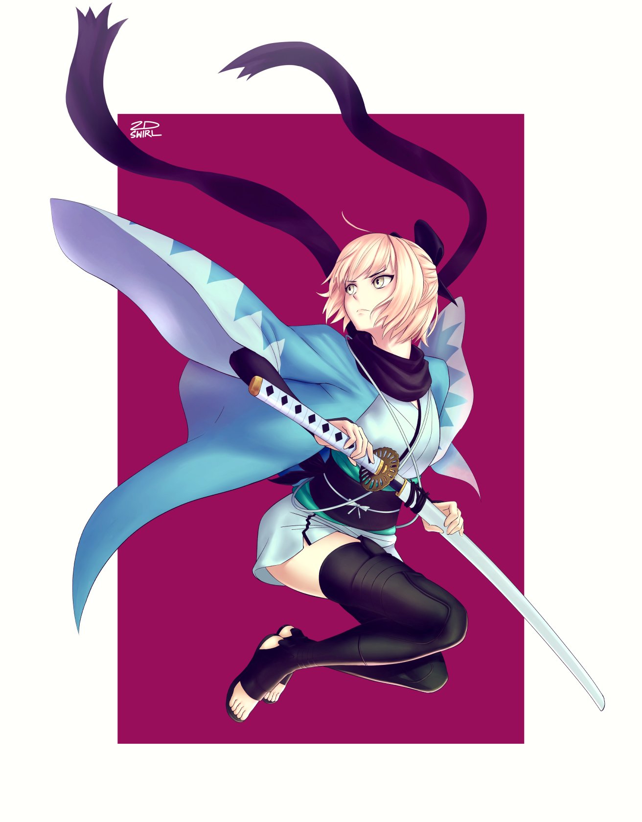 1girl 2dswirl blue_coat coat fate/grand_order fate_(series) full_body haori highres japanese_clothes okita_souji_(fate) okita_souji_(fate)_(all) scabbard scarf sheath sword thigh-highs thighs toes weapon yellow_eyes