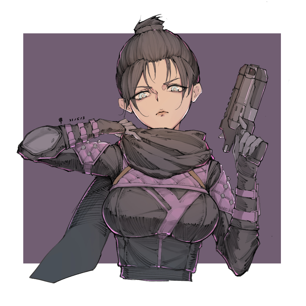 1girl apex_legends b3_wingman bangs black_bodysuit black_hair black_scarf bodysuit breasts bright_pupils cropped_torso dated fei_zhai_jia gun hair_behind_ear hair_bun head_tilt holding holding_gun holding_weapon large_breasts looking_down parted_bangs revolver scarf scarf_pull solo weapon white_pupils wraith_(apex_legends)