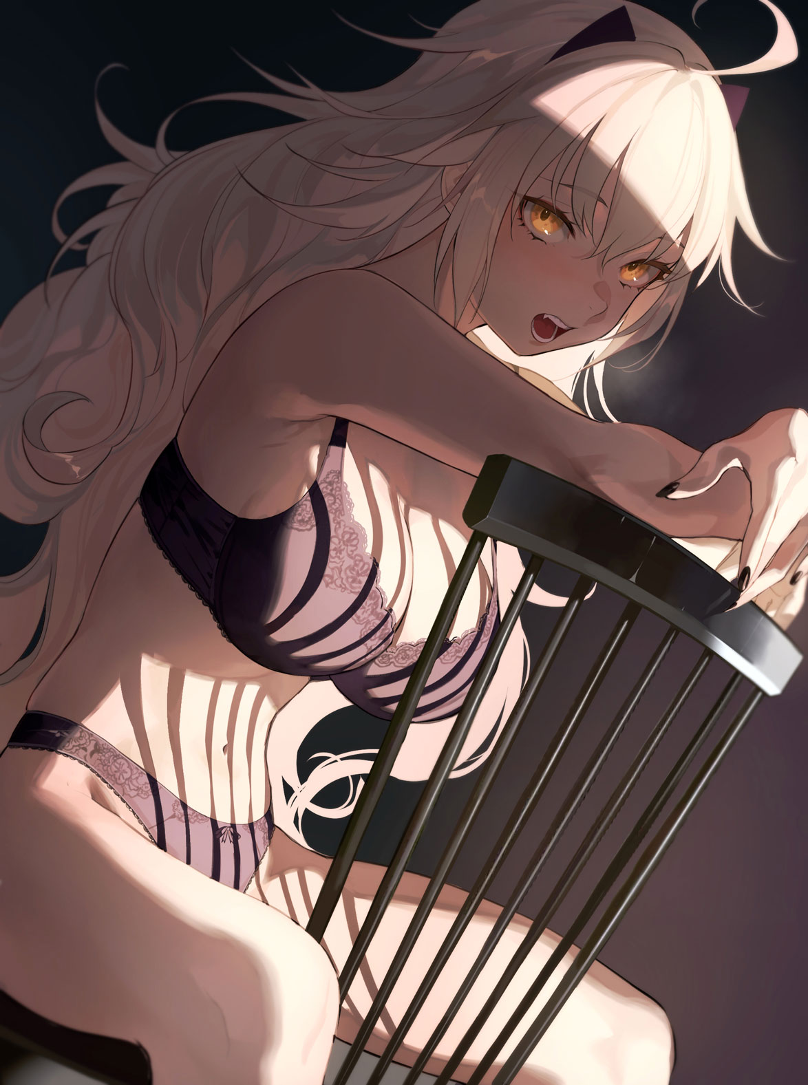 1girl :d ahoge armpits bare_arms bare_shoulders black_bra black_panties bra breasts chair eyebrows eyebrows_visible_through_hair eyelashes eyelashes_visible_through_hair fate/grand_order fate_(series) highres jeanne_d'arc_(alter)_(fate) jeanne_d'arc_(fate)_(all) lace-trimmed_bra lace-trimmed_lingerie lace-trimmed_panties large_breasts lingerie long_hair looking_at_viewer messy_hair nail_polish navel open_mouth orange_eyes panties salmon88 sitting smile solo stomach thighs underwear underwear_only very_long_hair white_hair