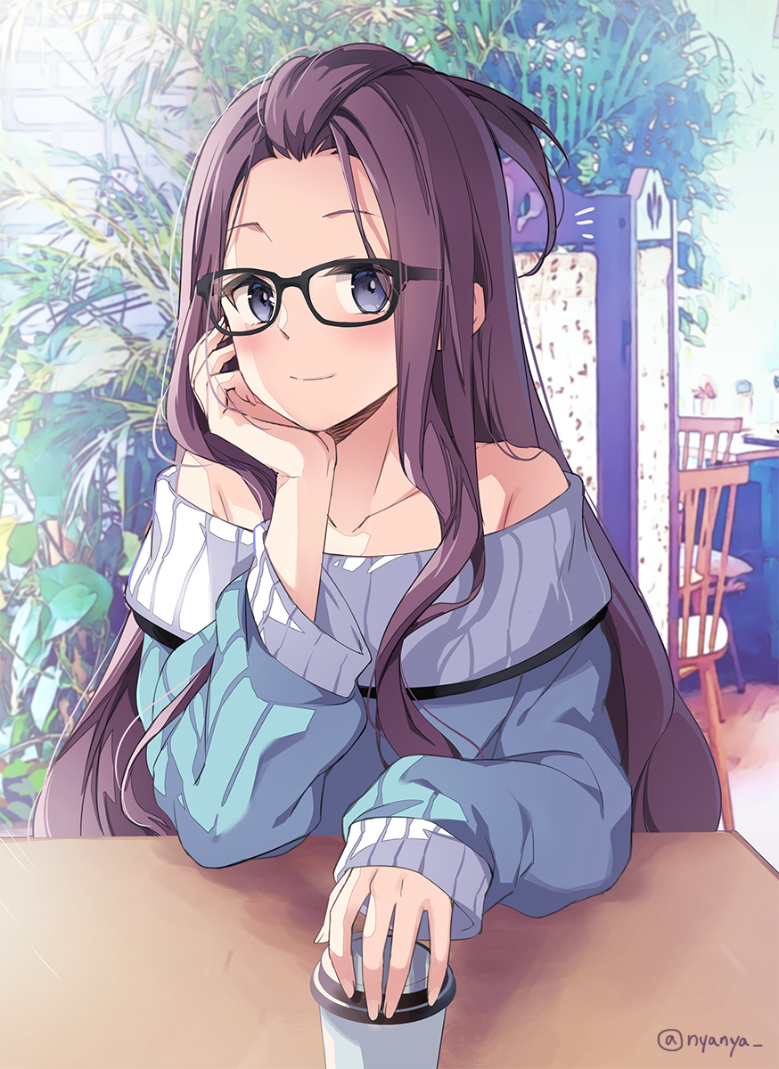 1girl bare_shoulders black-framed_eyewear blue_eyes blue_sweater blush brown_hair chair closed_mouth coffee_cup cup disposable_cup eighth_note forehead glasses highres indoors kagamihara_sakura long_hair long_sleeves looking_at_viewer musical_note nyanya off-shoulder_sweater off_shoulder sleeves_past_wrists smile solo sweater table twitter_username upper_body very_long_hair yurucamp