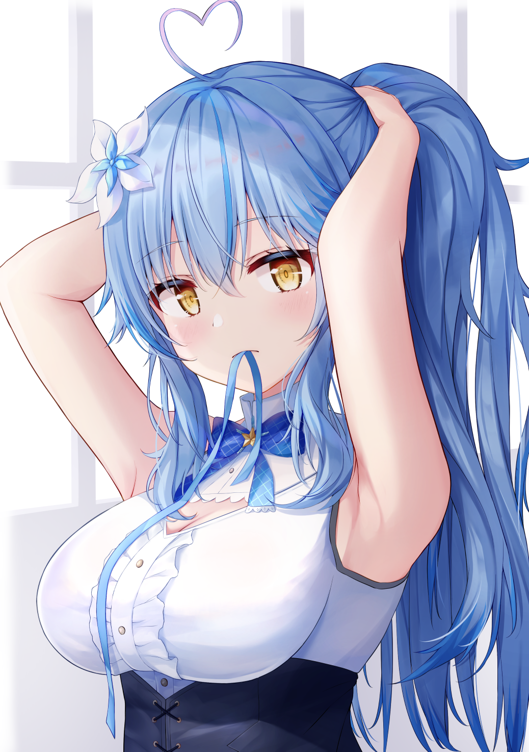 1girl ahoge armpits arms_up bangs bare_arms blue_hair blue_neckwear blush bow bowtie breasts cleavage_cutout clothing_cutout commentary_request corset eyebrows_visible_through_hair flower hair_between_eyes hair_flower hair_ornament half_updo hands_on_own_head heart_hair highres hololive large_breasts long_hair looking_at_viewer mouth_hold ponytail shadow shirt shishou_(doragyurosu) sidelocks sleeveless sleeveless_shirt solo tying_hair upper_body virtual_youtuber white_shirt yellow_eyes yukihana_lamy