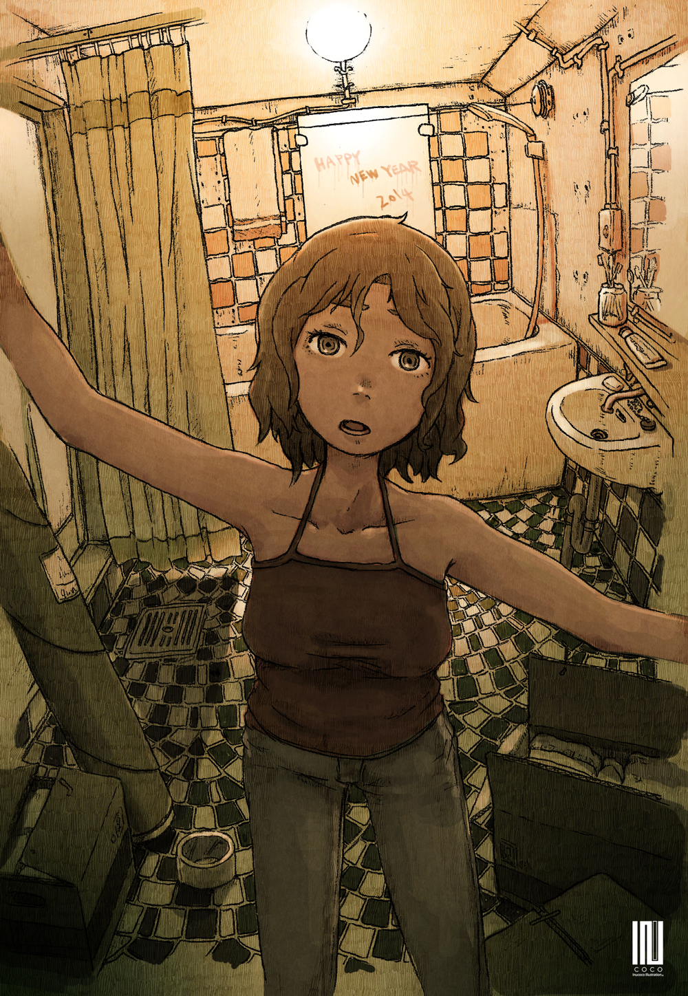 1girl 2014 bathroom bathtub brown_camisole brown_hair camisole denim feet_out_of_frame happy_new_year highres inukoko jeans looking_at_viewer mirror new_year open_mouth original pants shadow short_hair shower_curtain sink solo tile_floor tiles