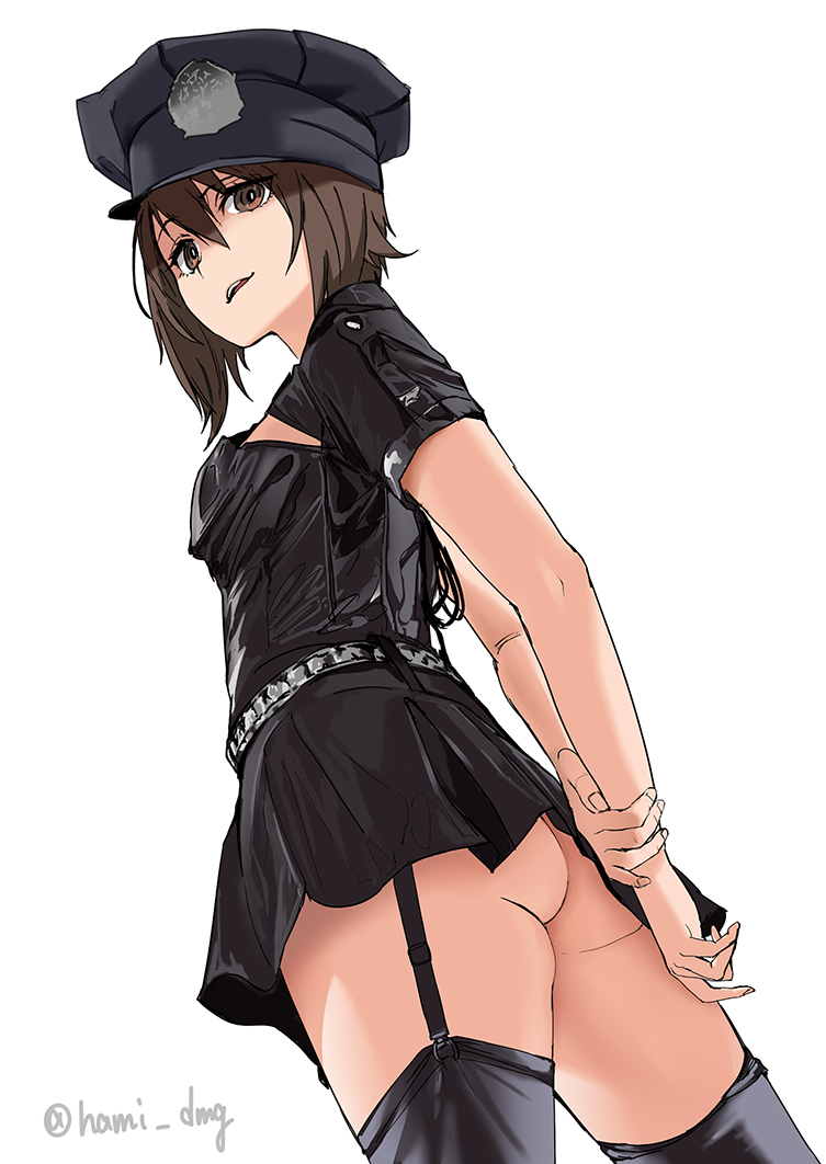 1girl alternate_costume arms_behind_back ass belt black_skirt brown-haired_girl_(23) brown_eyes brown_hair from_below garter_straps girls_und_panzer hami_dmg hat looking_at_viewer medium_hair nishizumi_maho skirt solo studded_belt thigh-highs thighs twitter_username white_background