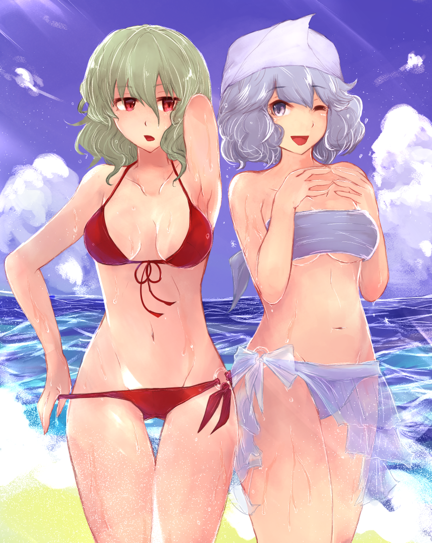 2girls bandeau beach bikini breasts eyebrows_visible_through_hair green_hair grey_eyes hinohikari kazami_yuuka large_breasts letty_whiterock medium_breasts multiple_girls o-ring o-ring_bottom ocean one_eye_closed red_bikini red_eyes see-through_skirt silver_hair skirt smile strap_pull strapless swimsuit swimwear thigh_gap touhou under_boob wet white_headwear