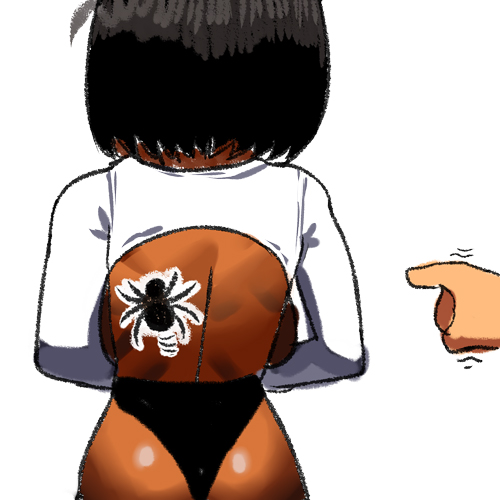 1girl arung_samudra_(cessa) ass black_hair bug cessa dark_skin dark-skinned_female lowres medium_hair ombok_diving_and_delivery_services pointing shirt simple_background solo spider white_background white_shirt