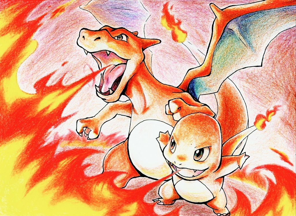 breathing_fire brown_eyes charizard charmander claws colored_pencil_(medium) commentary_request fangs fire gen_1_pokemon leaning_forward legs_apart no_humans open_mouth pokemon pokemon_(creature) ray_0_zero standing tongue traditional_media