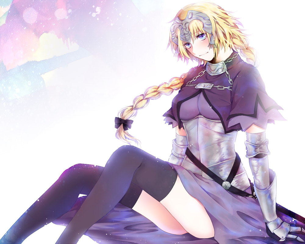 1girl armor armored_dress blonde_hair blue_eyes braid fate/apocrypha fate_(series) gauntlets headpiece jeanne_d'arc_(fate) jeanne_d'arc_(fate)_(all) long_braid long_hair namahamu_(hmhm_81) purple_legwear single_braid sitting solo thigh-highs very_long_hair violet_eyes