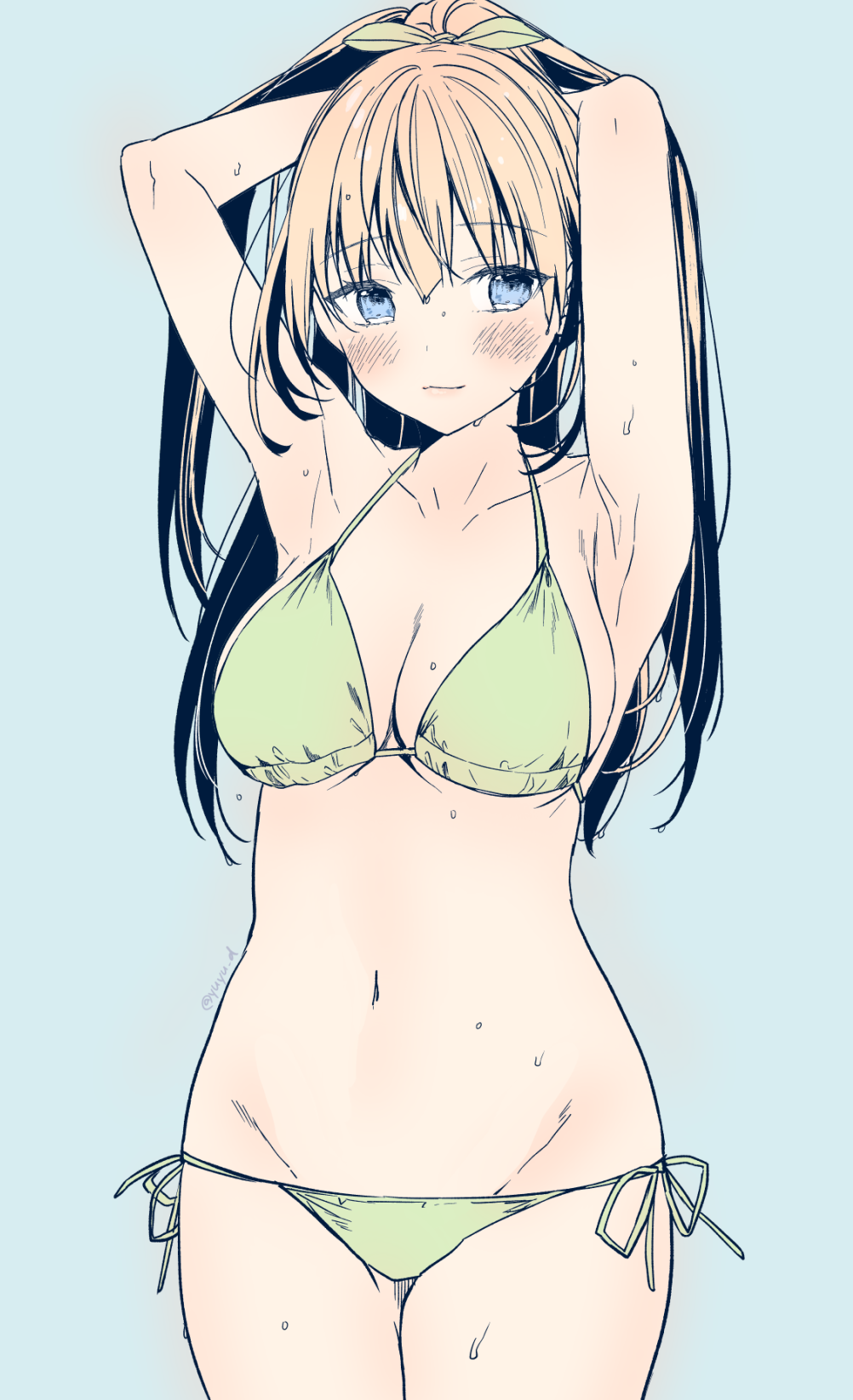 1girl armpits arms_behind_head bangs bikini blue_background blue_eyes blush breasts collarbone eyebrows_visible_through_hair green_bikini green_ribbon groin hair_ribbon highres long_hair looking_to_the_side medium_breasts navel orange_hair original ribbon side-tie_bikini simple_background solo swimsuit twitter_username wet yu_yu