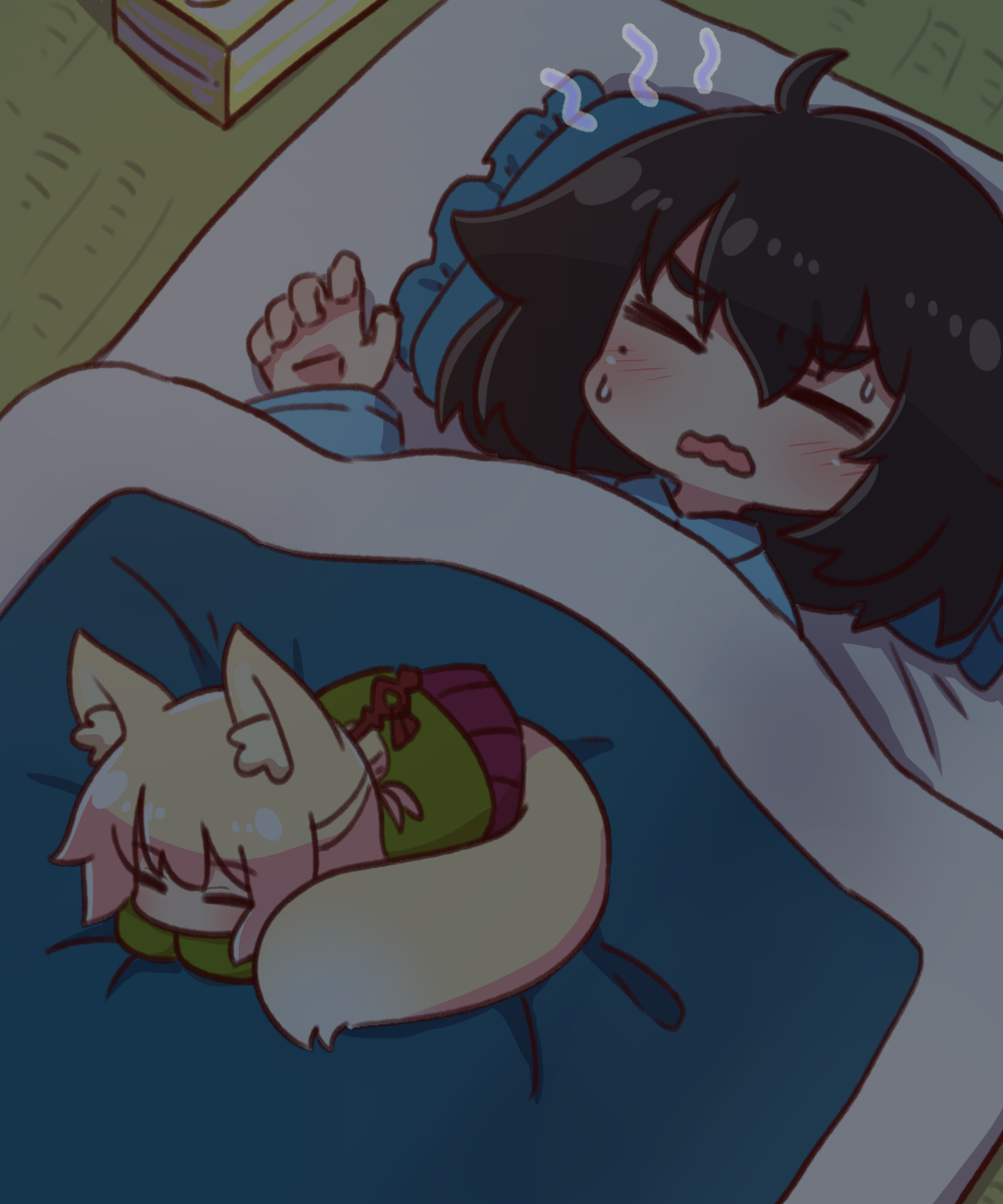 2girls =_= ahoge animal_ear_fluff animal_ears artist_self-insert bangs black_hair blonde_hair blush closed_eyes commentary_request eyebrows_visible_through_hair fox_ears fox_girl fox_tail frilled_pillow frills green_shirt hair_between_eyes highres kemomimi-chan_(naga_u) long_sleeves multiple_girls naga_u on_bed open_mouth original pillow pleated_skirt purple_skirt shirt skirt sleeping sleeves_past_fingers sleeves_past_wrists sweat tail tatami thick_eyebrows tissue_box under_covers wavy_mouth