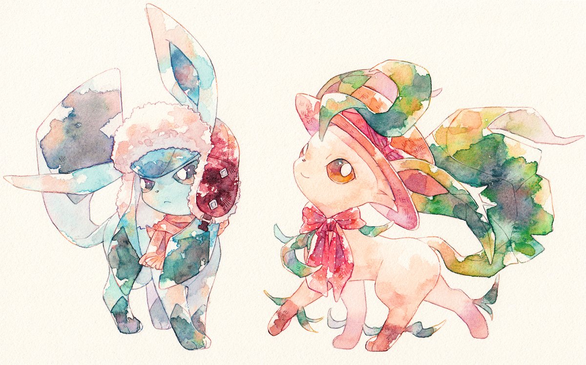 brown_eyes closed_mouth gen_4_pokemon glaceon hat hatted_pokemon leafeon looking_to_the_side no_humans oharu-chan orange_headwear orange_scarf paws pokemon pokemon_(creature) scarf smile standing toes walking white_background