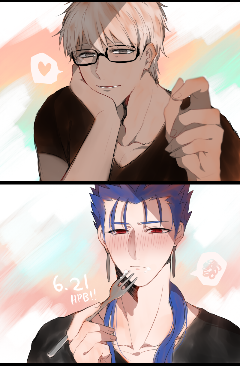 2boys archer_(fate) bespectacled blue_hair casual cu_chulainn_(fate)_(all) cu_chulainn_(fate/stay_night) dark_skin dark_skinned_male eating fate/stay_night fate_(series) fork glasses grey_eyes hair_down heart highres long_hair male_focus multiple_boys namahamu_(hmhm_81) red_eyes shirt spoken_heart spoken_squiggle squiggle t-shirt white_hair