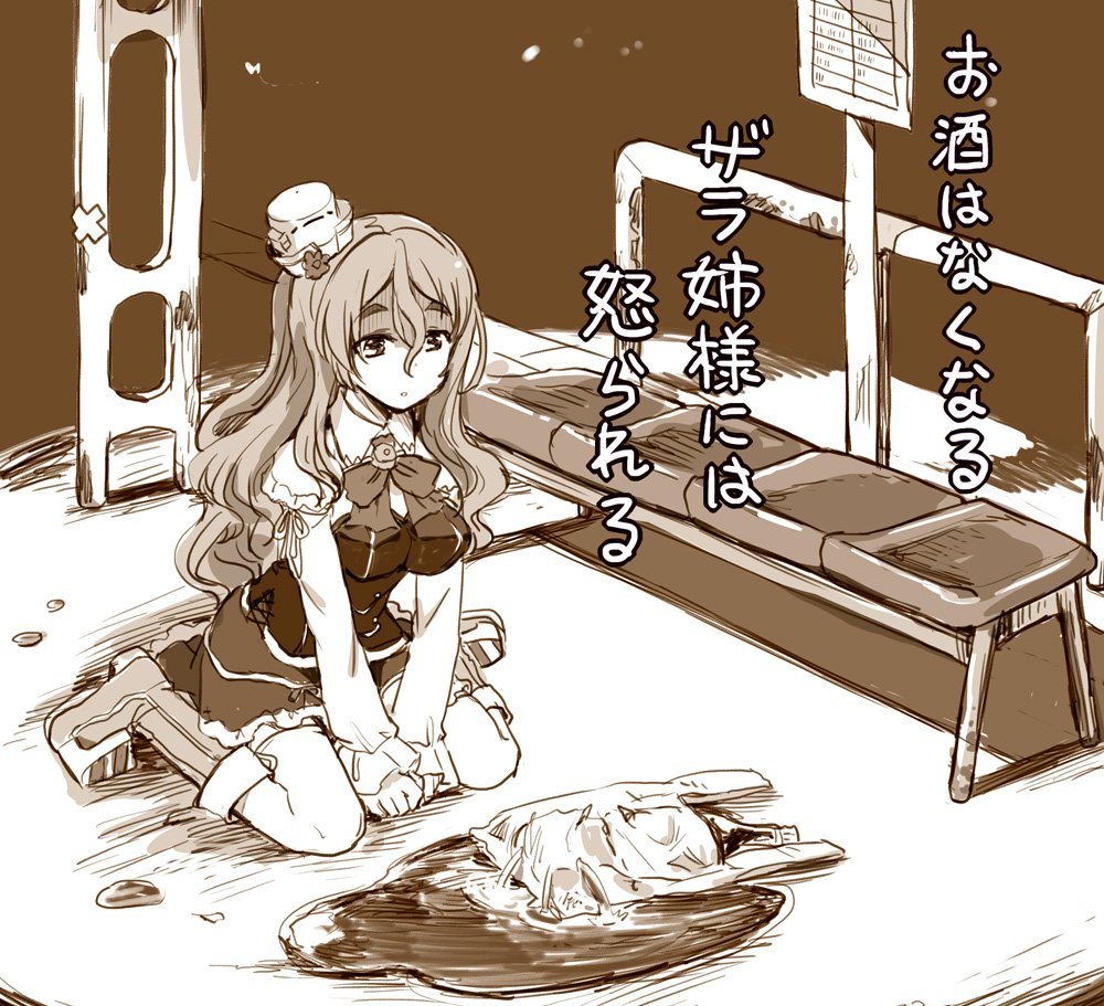 1girl bag bench breasts bus_stop commentary_request full_body greyscale hat kantai_collection long_hair medium_breasts mini_hat miniskirt mizumoto_tadashi monochrome plastic_bag pola_(kancolle) sepia sitting skirt solo spill thigh-highs translation_request wariza wavy_hair