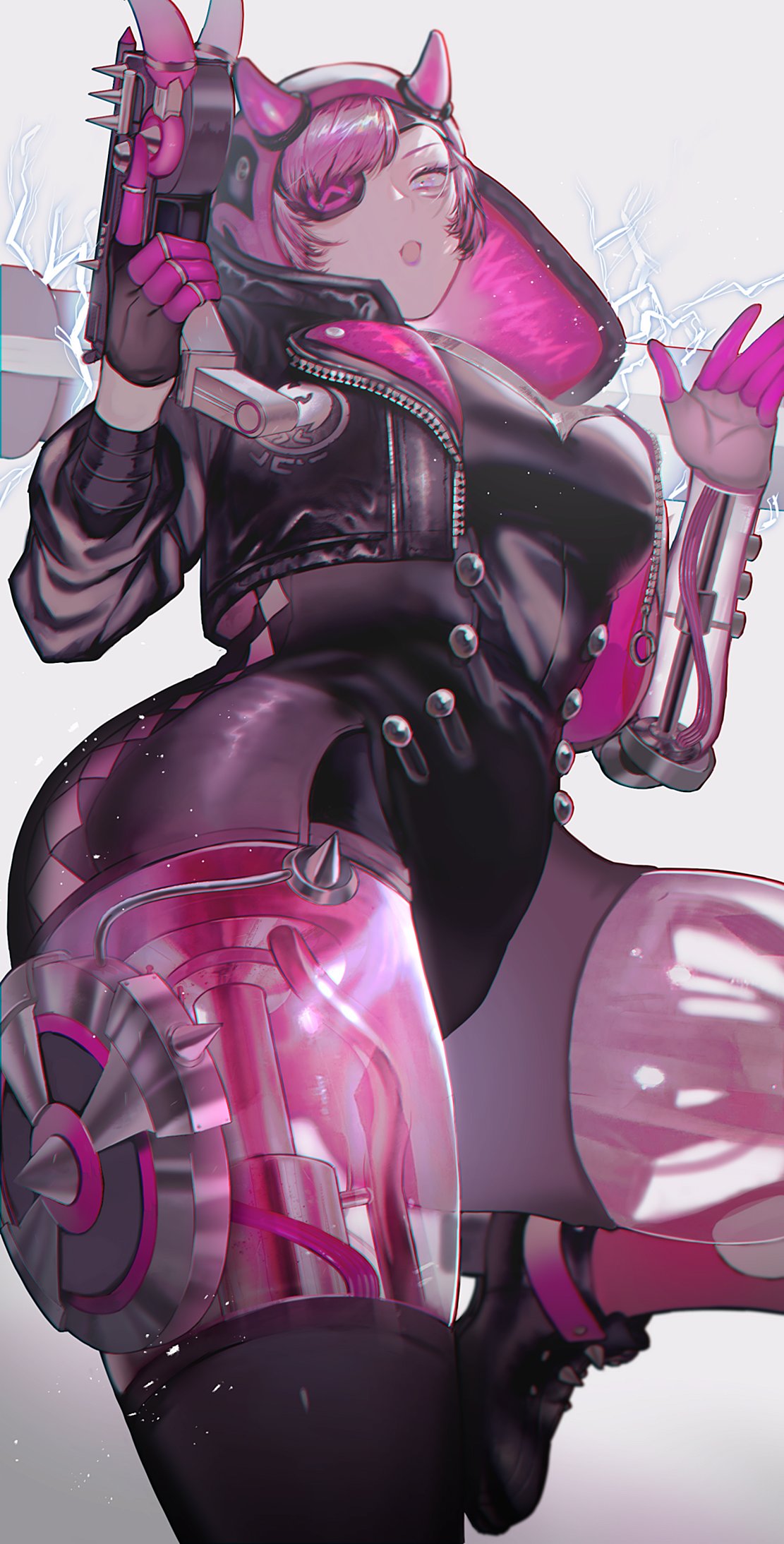 1girl :o apex_legends black_bodysuit black_headwear black_jacket blue_eyes bodysuit breasts cyber_punked_wattson cyberpunk electricity eyepatch gun handgun highres holding holding_gun holding_weapon hood hooded_jacket horns jacket lipstick looking_down makeup mechanical_arms mechanical_legs medium_breasts official_alternate_costume one_eye_covered open_hand pink_eyes pink_hair pistol purple_lips science_fiction single_mechanical_arm solo thick_thighs thighs tsukura_sae wattson_(apex_legends) weapon