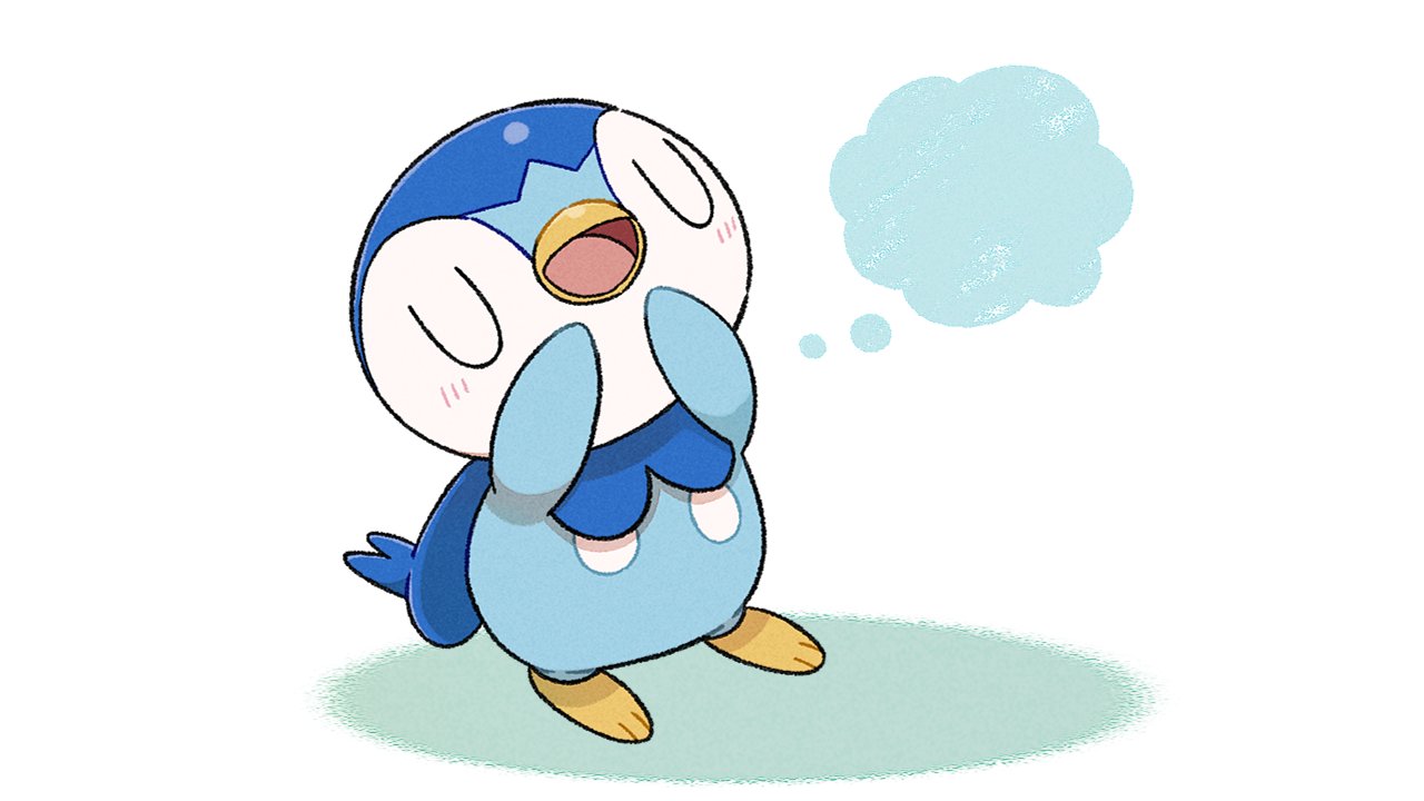 blush closed_eyes commentary_request creature gen_4_pokemon head_back kodomo_no_hi no_humans official_art open_mouth piplup pokemon pokemon_(creature) prj_pochama solo standing thought_bubble toes tongue white_background