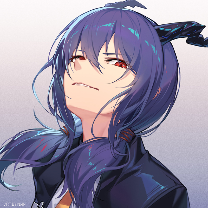 1girl arknights blue_hair blue_jacket ch'en_(arknights) dragon dragon_girl duplicate horns jacket long_hair looking_at_viewer necktie nian pixel-perfect_duplicate red_eyes short_twintails simple_background smug solo twintails