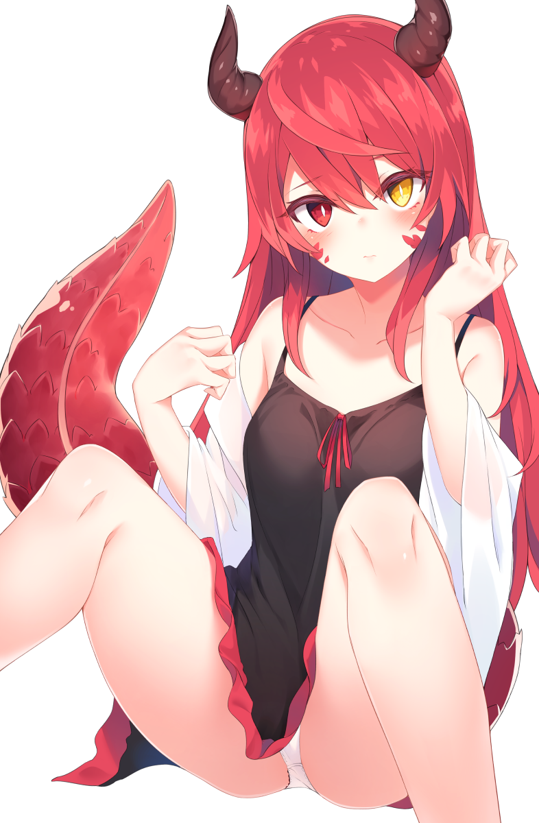 1girl bangs bare_shoulders black_camisole blush camisole collarbone commentary_request dragon_tail feet_out_of_frame hair_between_eyes heterochromia highres horns long_hair looking_at_viewer off_shoulder open_clothes open_shirt original otokuyou panties pantyshot red_eyes redhead scales shirt simple_background sitting sleeveless solo spaghetti_strap tail underwear white_background white_panties white_shirt wide_sleeves yellow_eyes