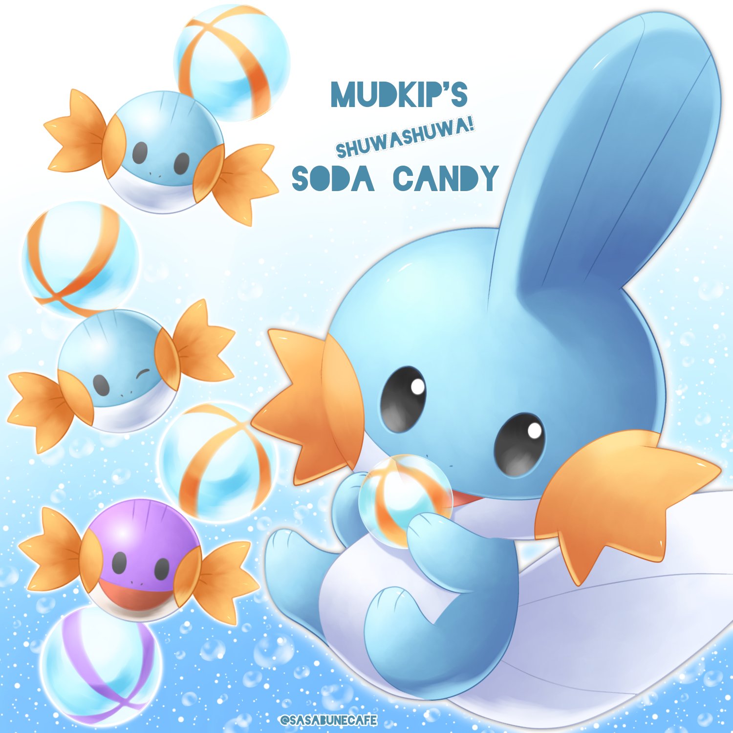 artist_name black_eyes candy candy_wrapper character_name commentary_request creature food gen_3_pokemon highres holding mudkip no_humans open_mouth pokemon pokemon_(creature) sasabunecafe starter_pokemon