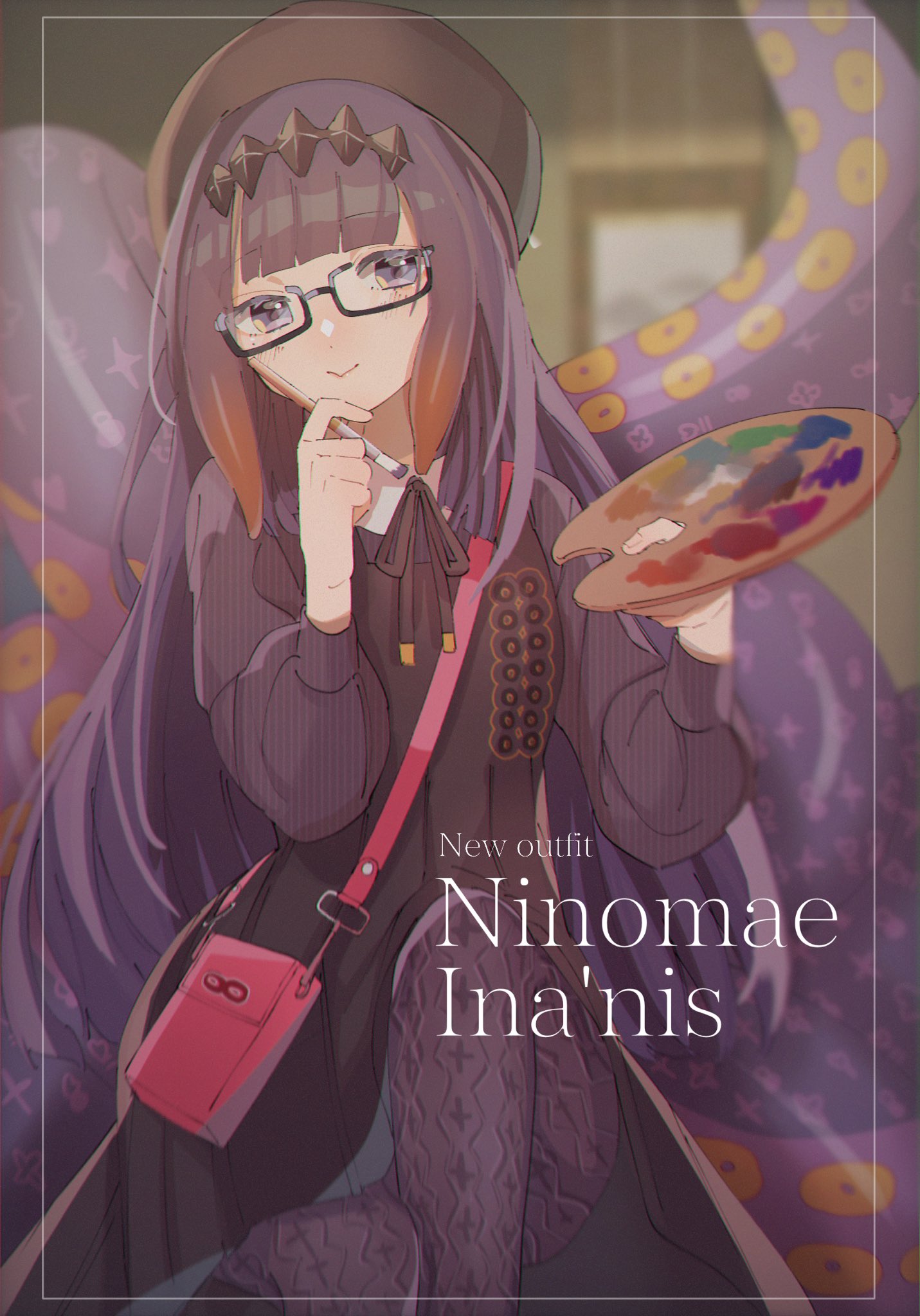 1girl 852_box bag bangs beret blue_eyes blunt_bangs blush border dress flat_chest glasses hand_on_own_chin hat headpiece highres hololive hololive_english long_hair long_sleeves looking_at_viewer mole mole_under_eye multicolored_hair ninomae_ina'nis orange_hair paintbrush palette pantyhose purple_hair sitting smile tentacle_hair tentacles virtual_youtuber