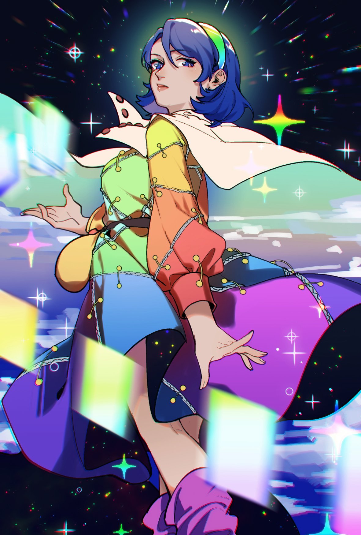 1girl artist_request bag bangs blue_eyes blue_hair blurry buttons cape card chromatic_aberration dress eyebrows_visible_through_hair feet_out_of_frame floating_cape floating_card glowing hairband halo hand_up highres long_sleeves looking_at_viewer multicolored multicolored_clothes multicolored_dress outstretched_hand parted_bangs parted_lips puffy_long_sleeves puffy_sleeves purple_footwear rainbow_gradient rainbow_order satchel short_hair sleeve_cuffs solo sparkle tenkyuu_chimata touhou upskirt white_cape