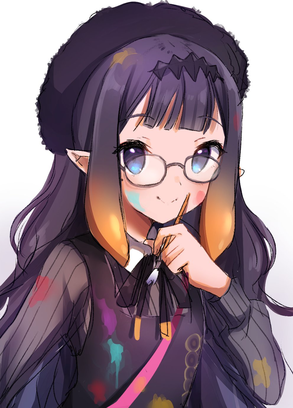 1girl bag bangs beret blue_eyes blunt_bangs blush dress flat_chest glasses gradient gradient_background hat headpiece highres hololive hololive_english long_hair long_sleeves looking_at_viewer maru_ccy mole mole_under_eye multicolored_hair ninomae_ina'nis orange_hair paint_on_clothes paint_splatter pointy_ears purple_hair smile tentacle_hair wavy_hair