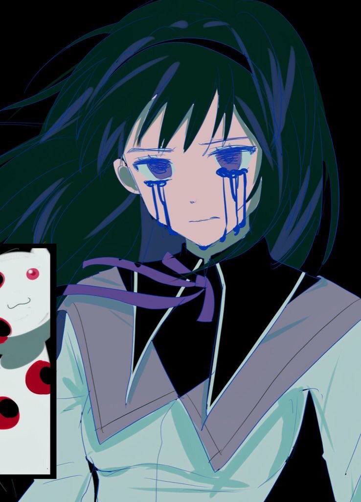 1girl akemi_homura black_hair blood bloody_tears blue_blood dress floating_hair goyang_v hairband kyubey looking_at_viewer mahou_shoujo_madoka_magica neck_ribbon ribbon sailor_dress teardrop tearing_up tears violet_eyes